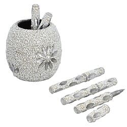 Handcrafted Set of 5 Blue Rhinestone Beaded Pens with Matching Holder Color - Blue