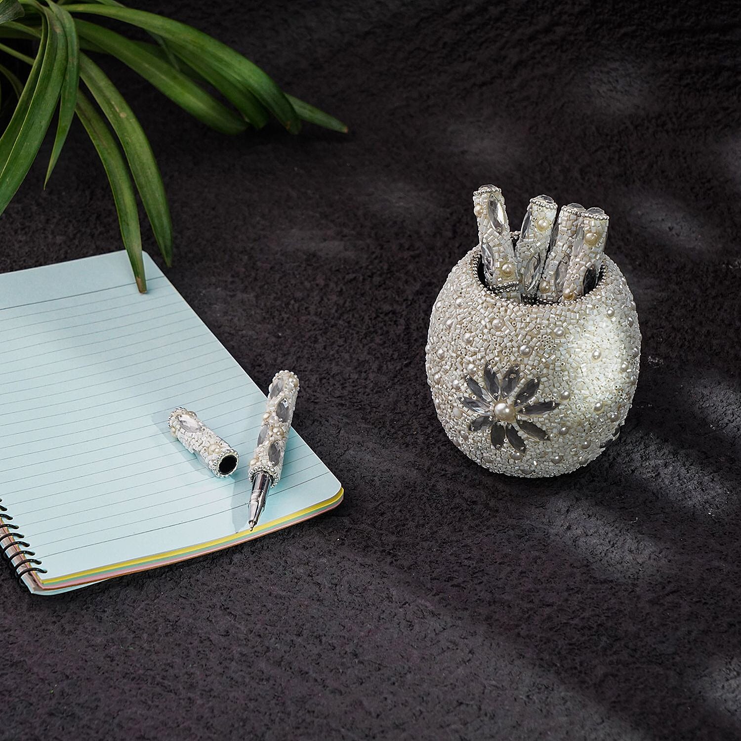 Handcrafted Set of 5 White Rhinestone Beaded Pens with Matching Holder Colour- White