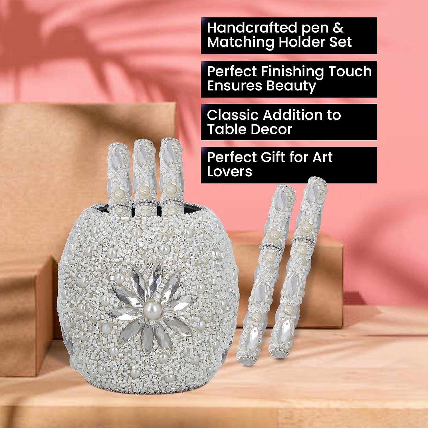 Handcrafted Set of 5 White Rhinestone Beaded Pens with Matching Holder Colour- White