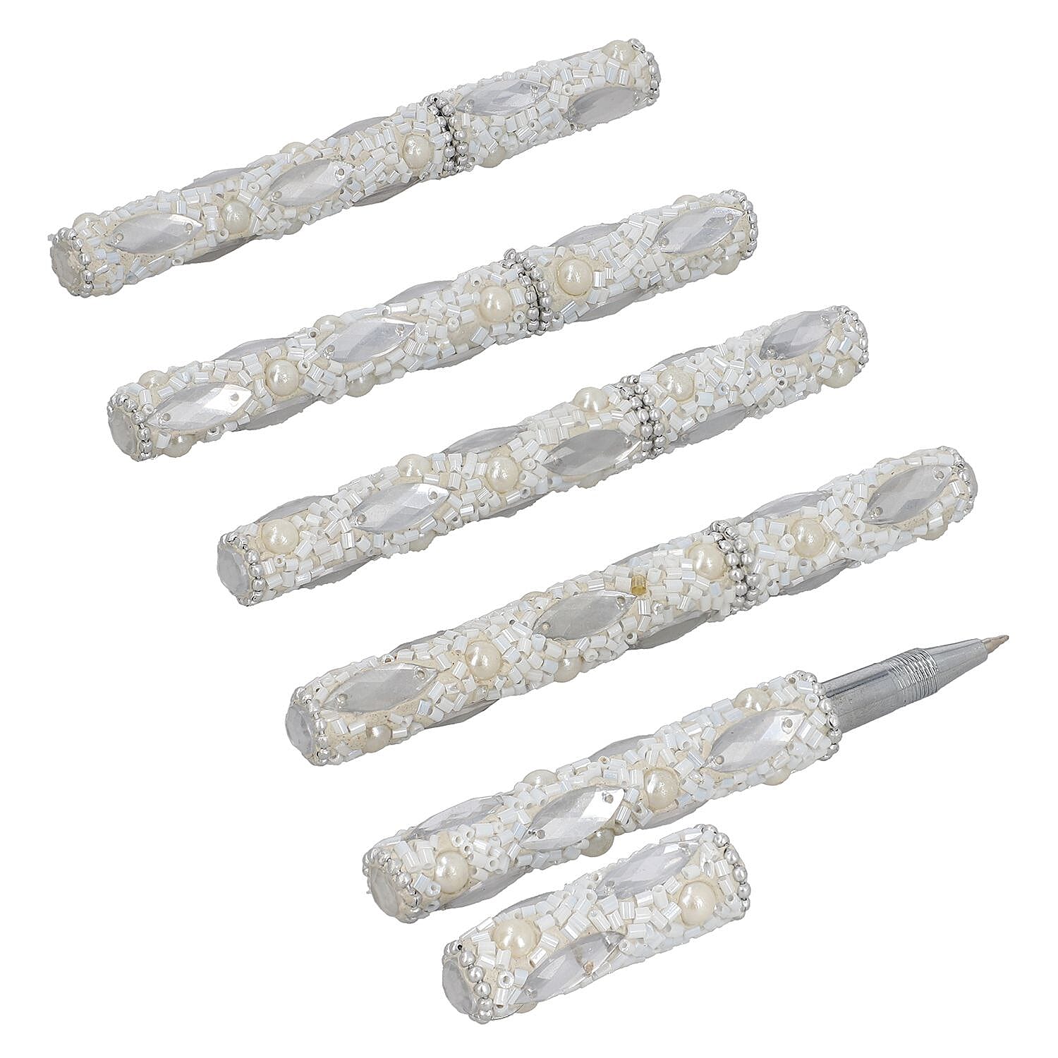 Handcrafted Set of 5 White Rhinestone Beaded Pens with Matching Holder Colour- White