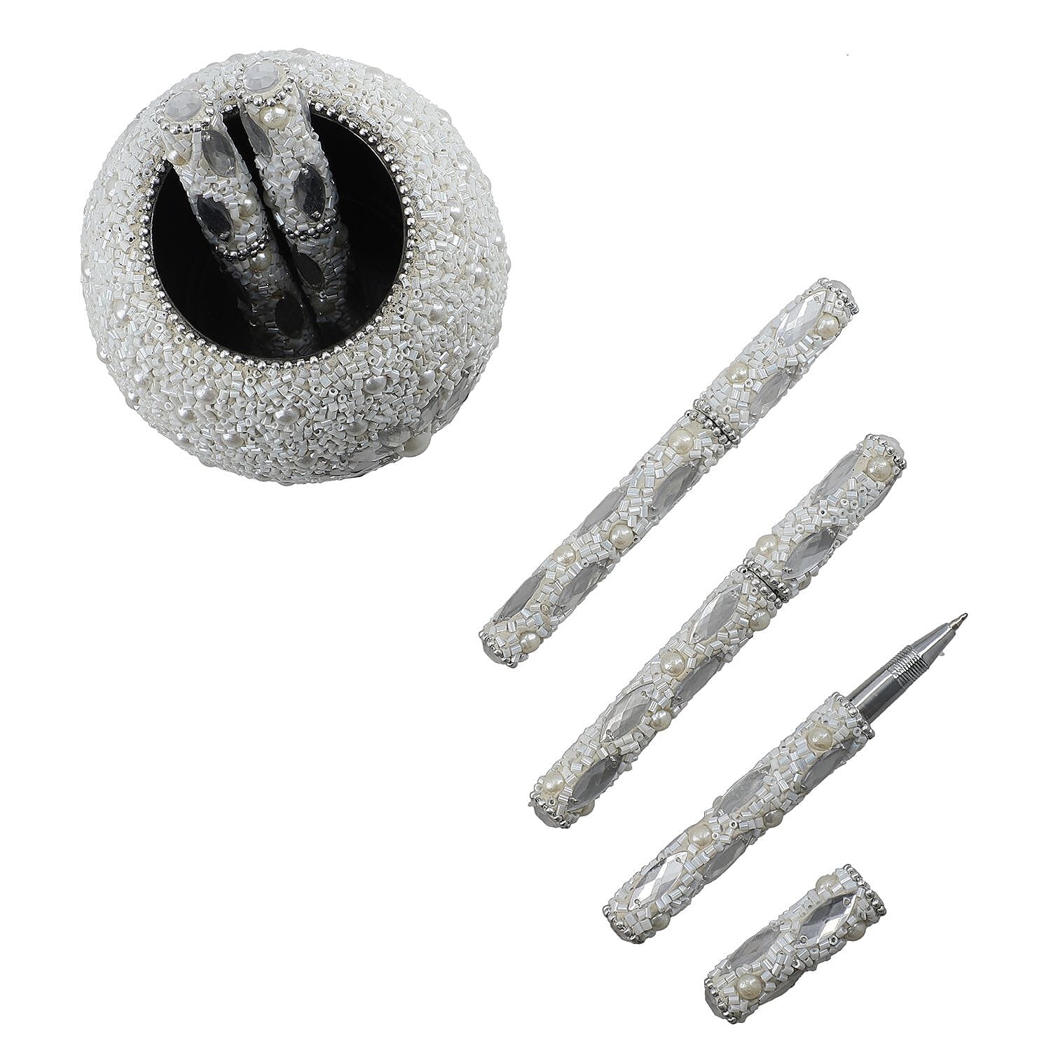 Handcrafted Set of 5 White Rhinestone Beaded Pens with Matching Holder Colour- White