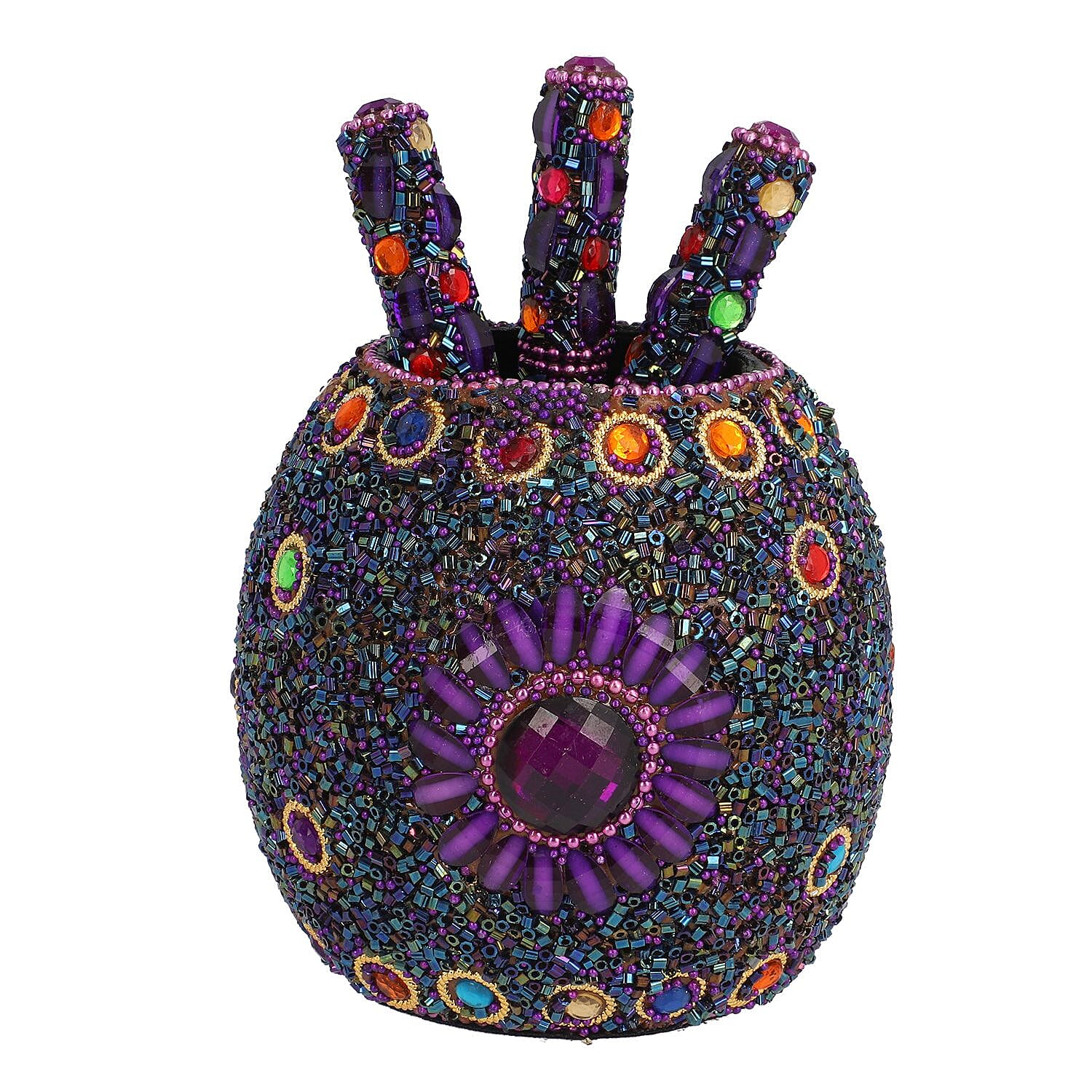 Handcrafted Set of 3 White Rhinestone Beaded Pens with Matching Holder Colour- Purple