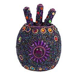 Handcrafted Set of 5 Blue Rhinestone Beaded Pens with Matching Holder Color - Blue