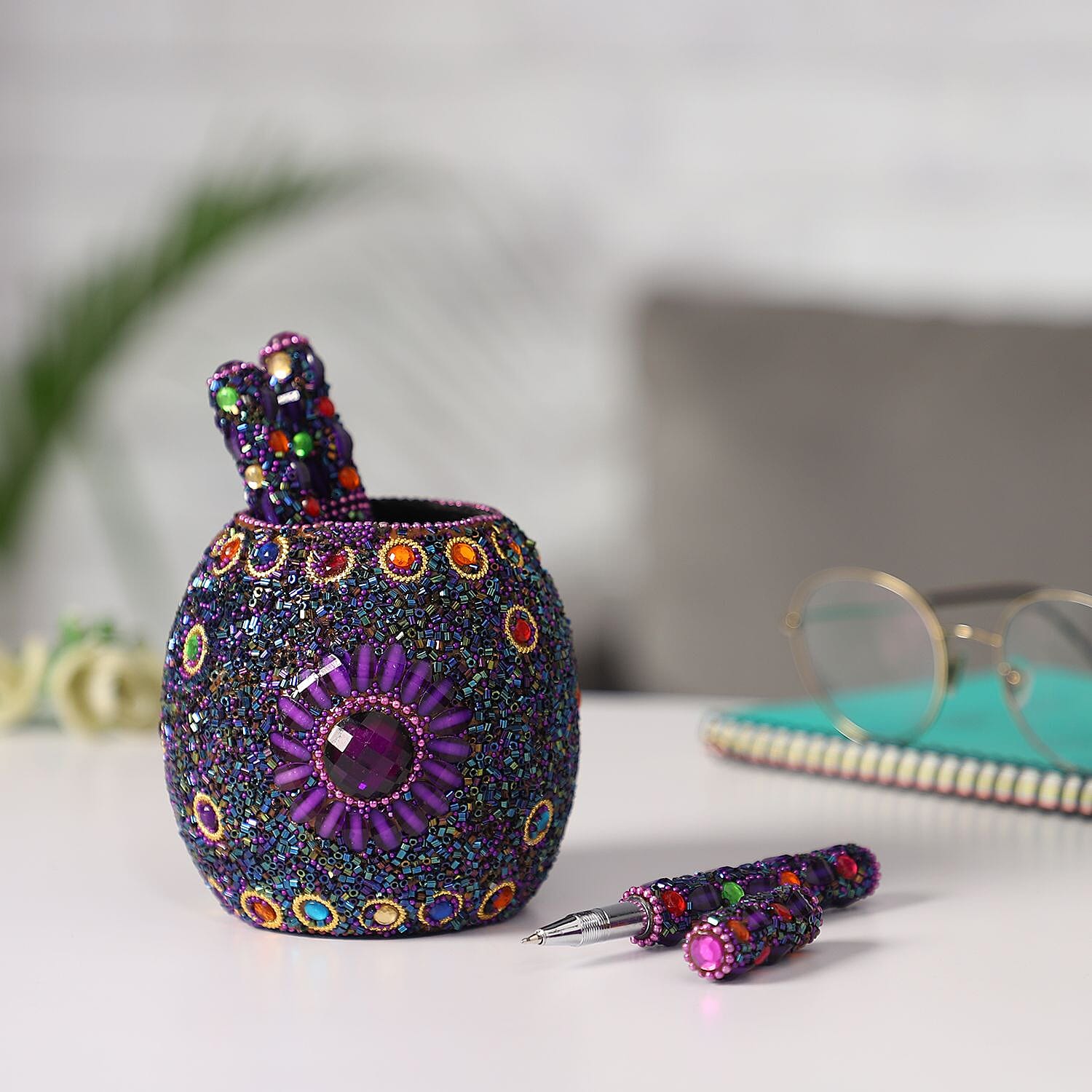 Handcrafted Set of 3 White Rhinestone Beaded Pens with Matching Holder Colour- Purple