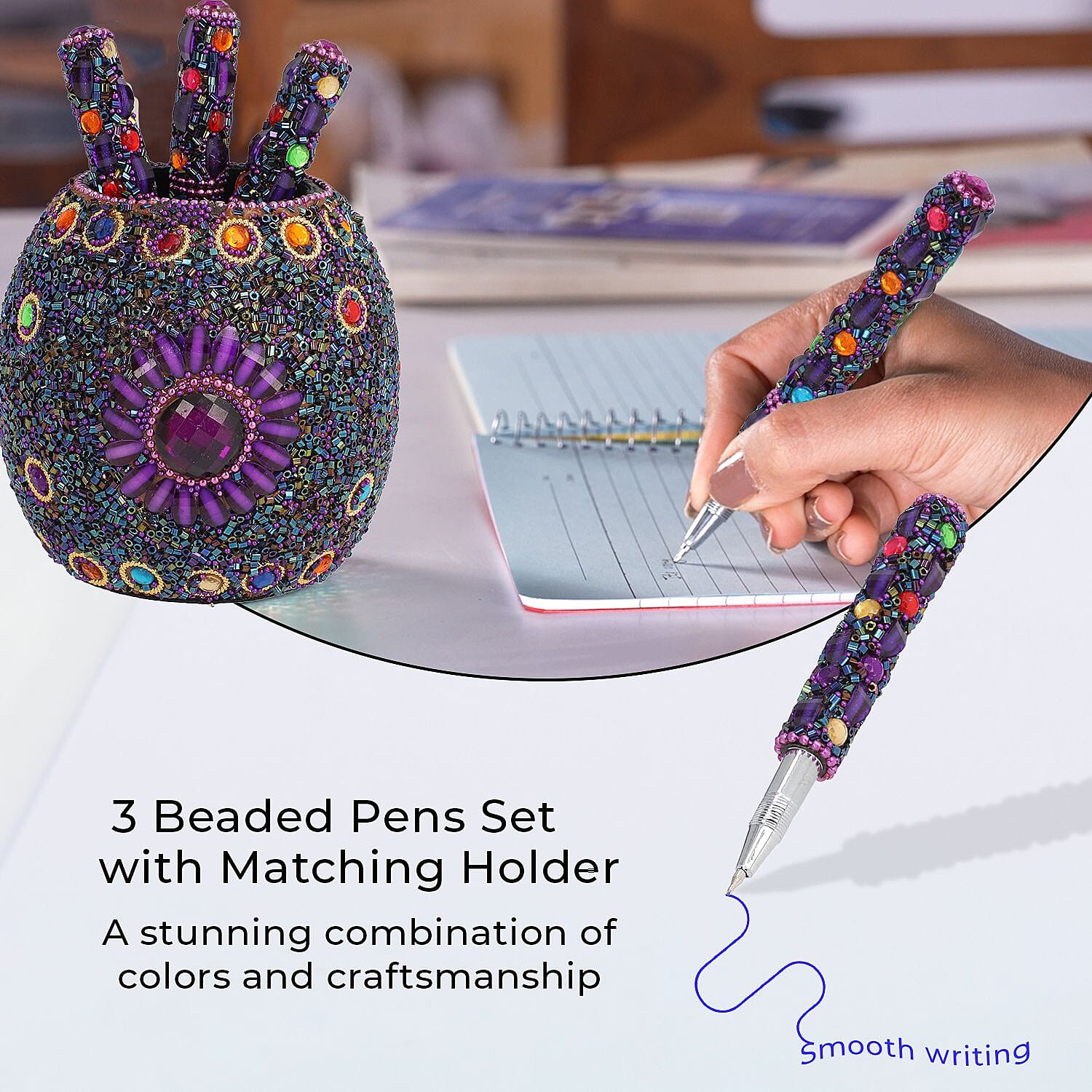 Handcrafted Set of 3 White Rhinestone Beaded Pens with Matching Holder Colour- Purple