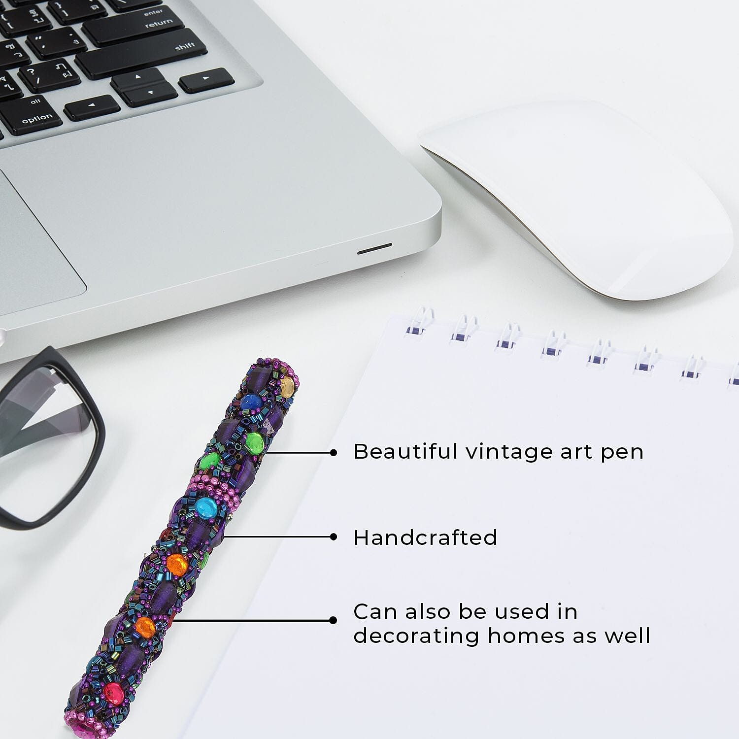 Handcrafted Set of 3 White Rhinestone Beaded Pens with Matching Holder Colour- Purple