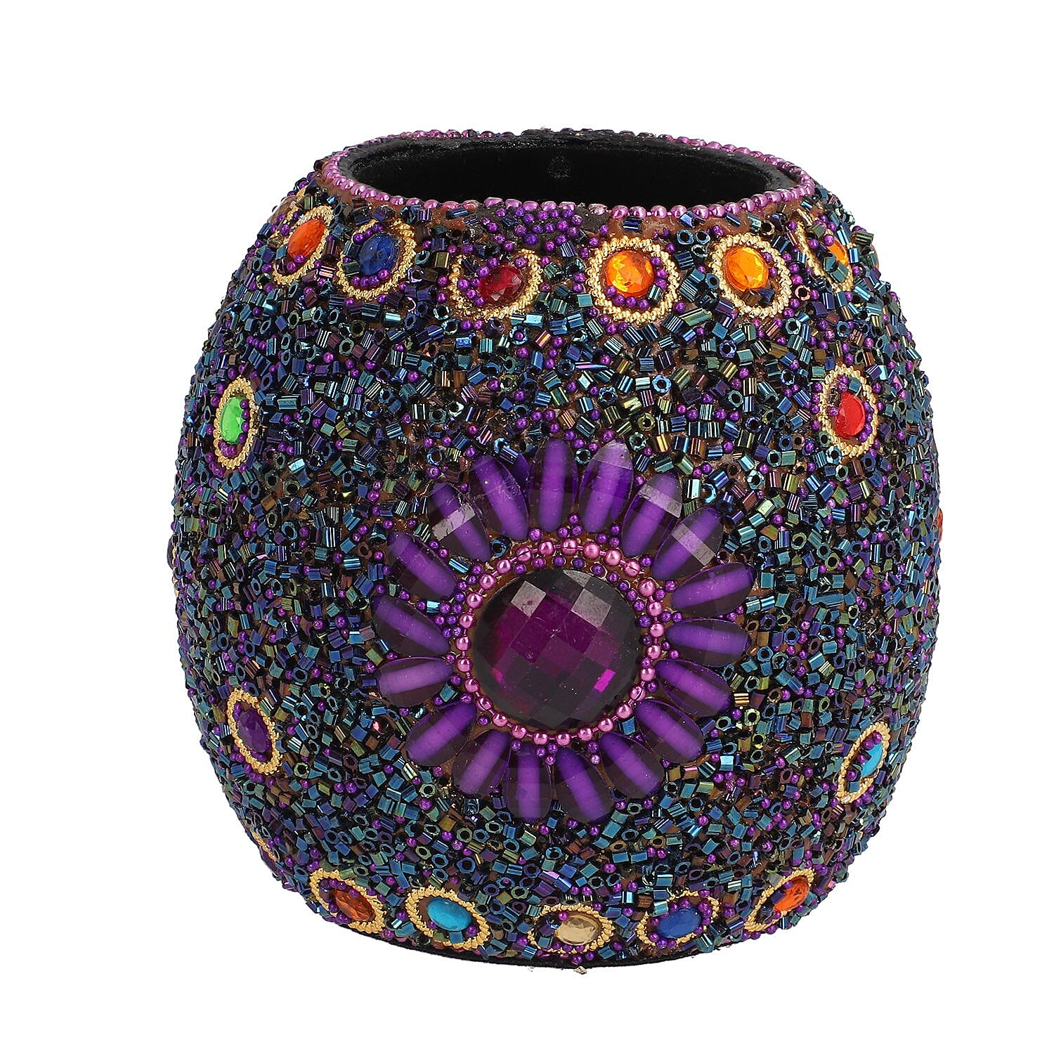 Handcrafted Set of 3 White Rhinestone Beaded Pens with Matching Holder Colour- Purple