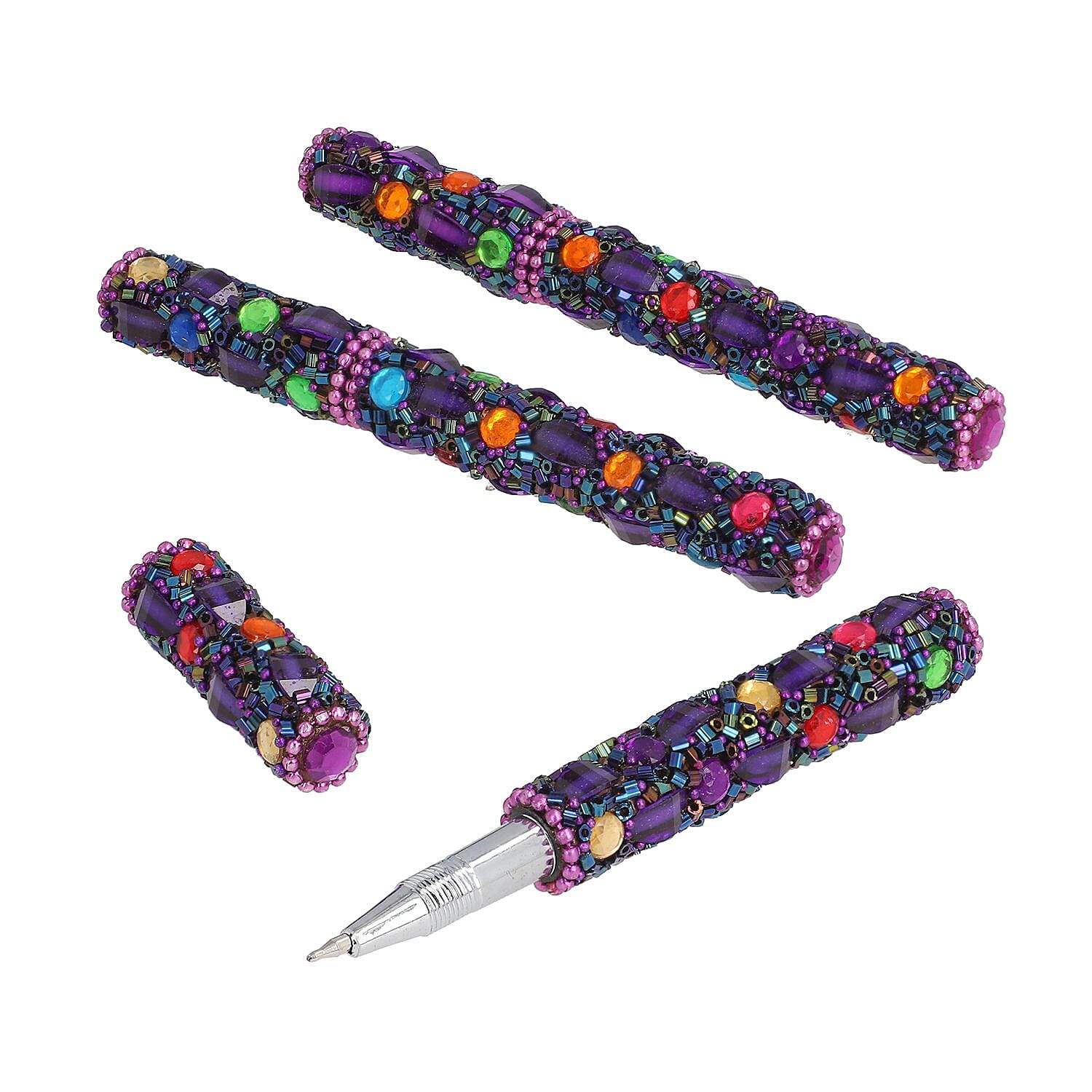 Handcrafted Set of 3 White Rhinestone Beaded Pens with Matching Holder Colour- Purple
