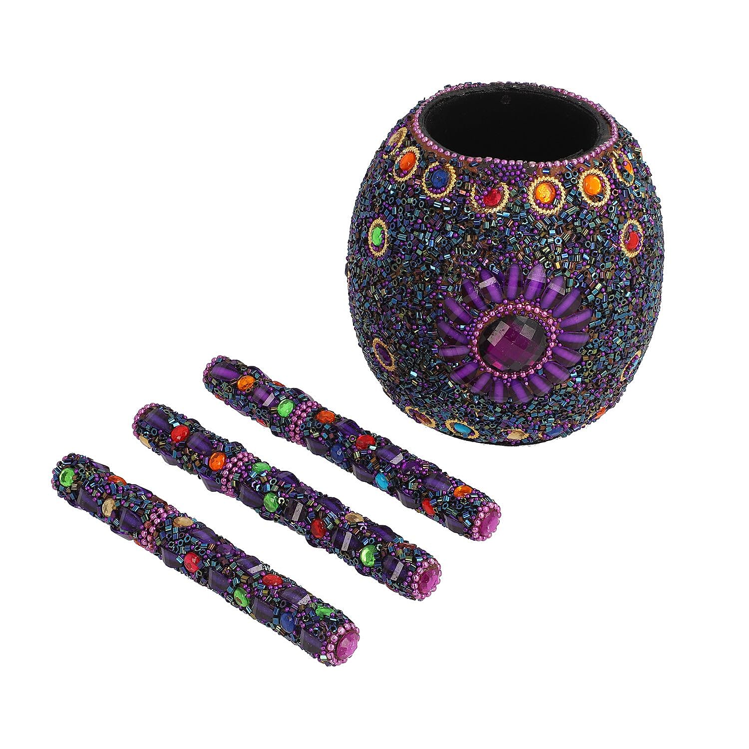 Handcrafted Set of 3 White Rhinestone Beaded Pens with Matching Holder Colour- Purple