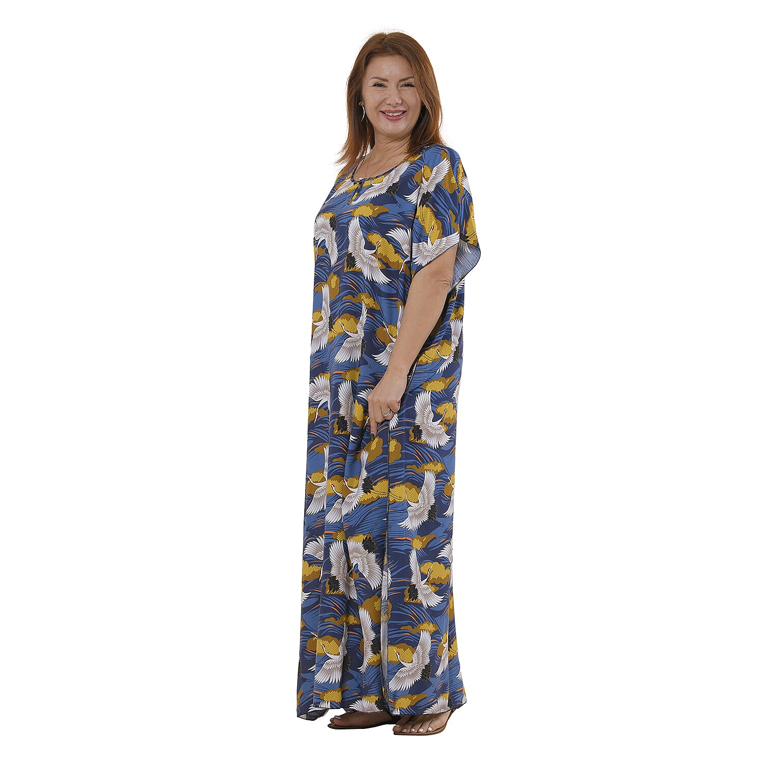 TAMSY 100% Viscose Red-Crowned Crane Pattern Kaftan - Blue