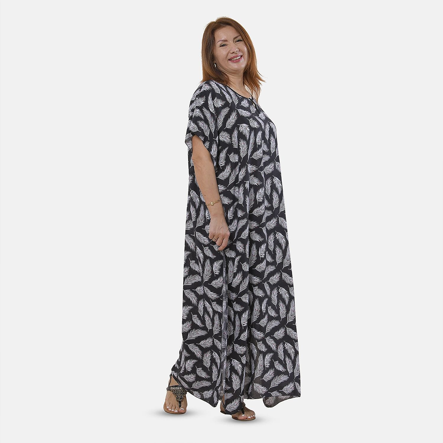 TAMSY 100% Viscose White Feathers Pattern Kaftan Dress (Size 138x77 Cm) - Black