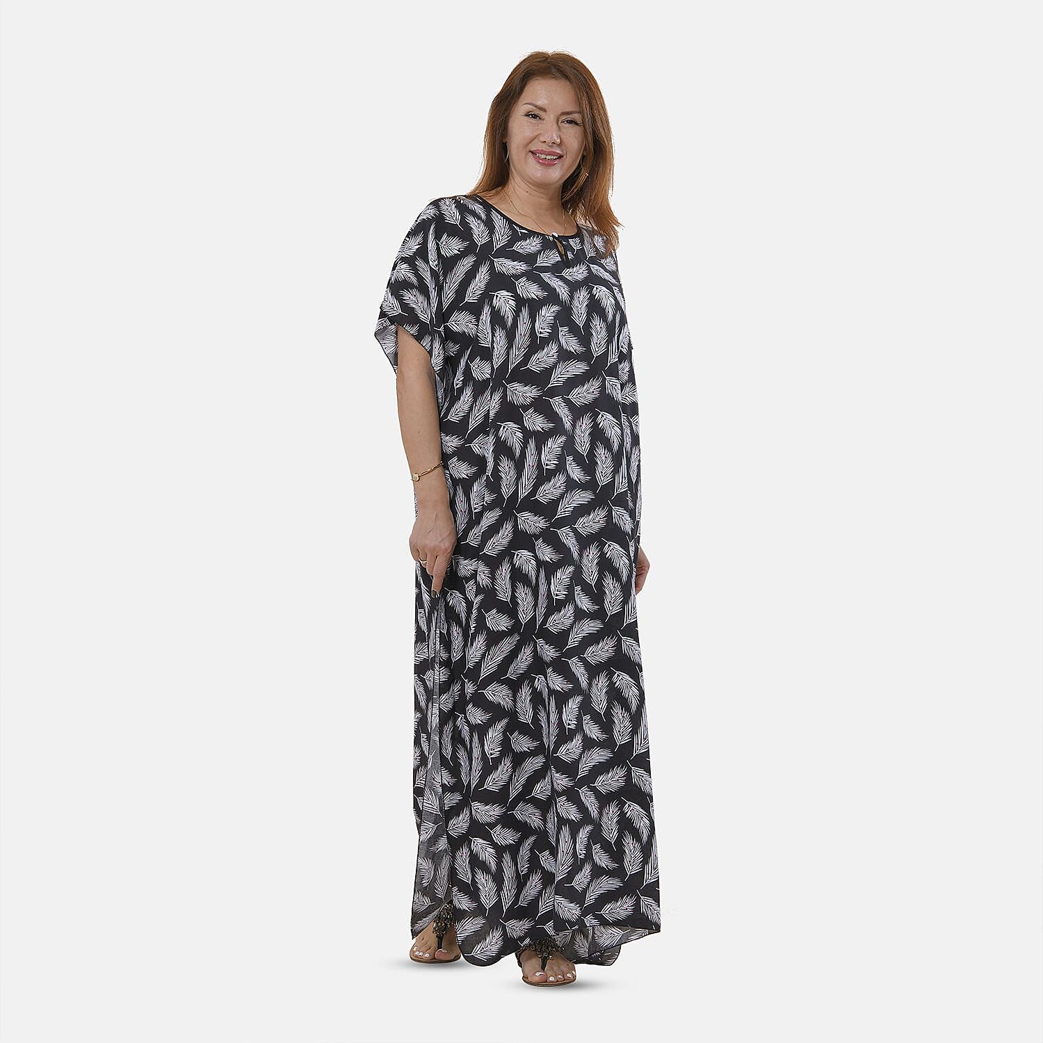 TAMSY 100% Viscose White Feathers Pattern Kaftan Dress (Size 138x77 Cm) - Black