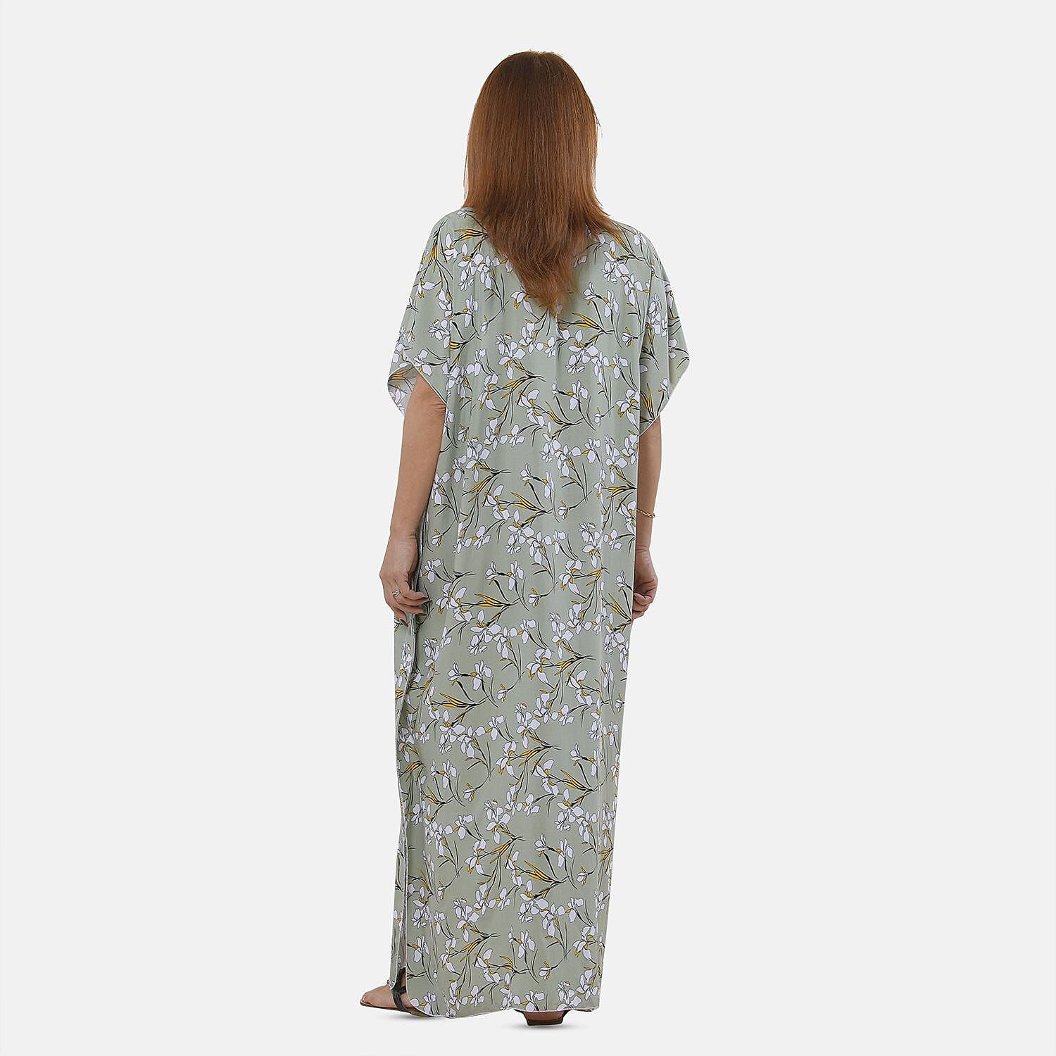 TAMSY 100% Viscose White Floral Pattern Kaftan Dress (Size 138x77 Cm) - Light Green