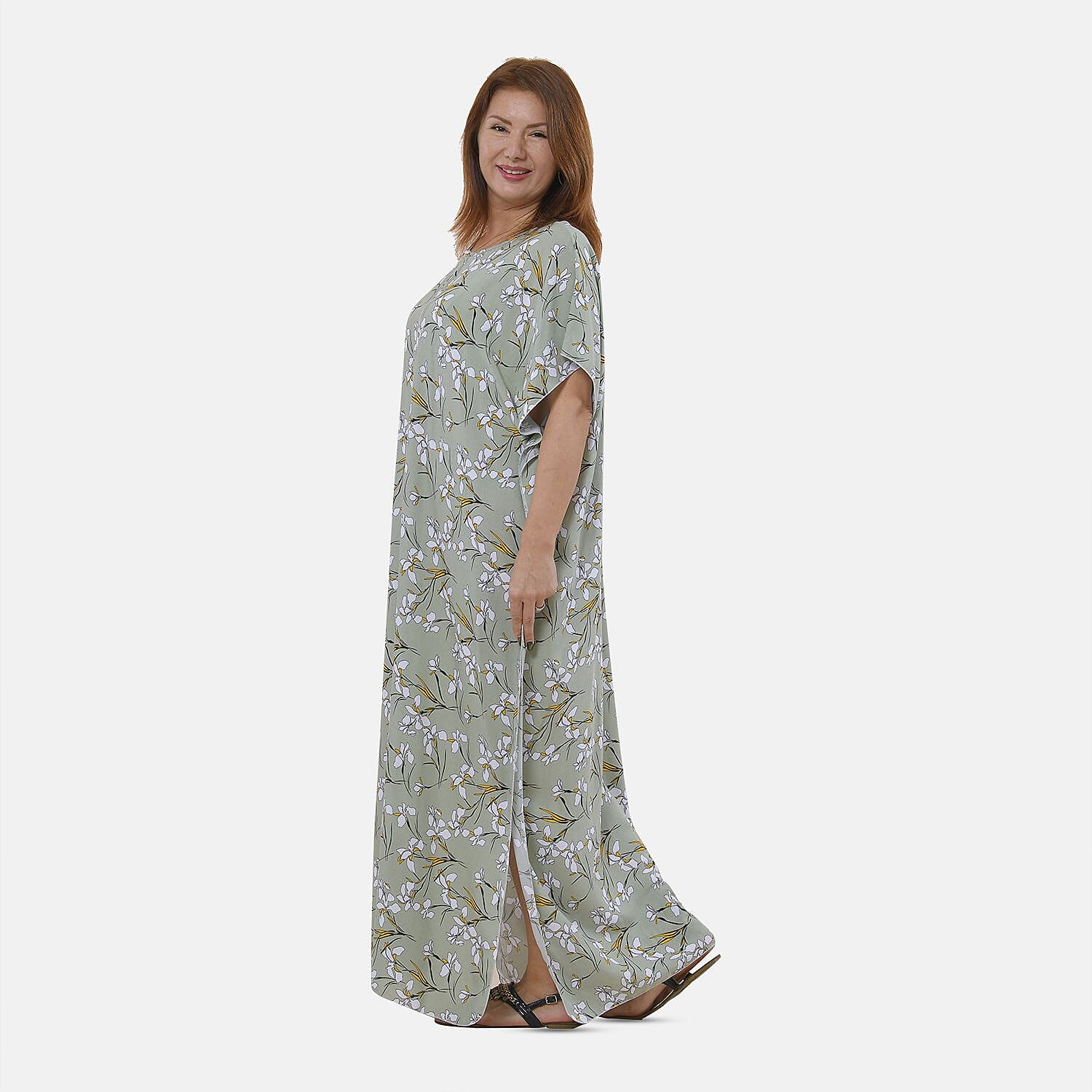 TAMSY 100% Viscose White Floral Pattern Kaftan Dress (Size 138x77 Cm) - Light Green