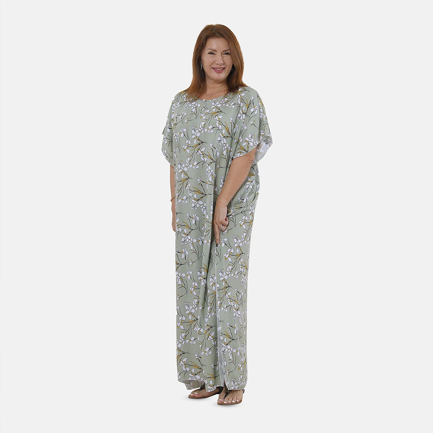 TAMSY 100% Viscose White Floral Pattern Kaftan Dress (Size 138x77 Cm) - Light Green