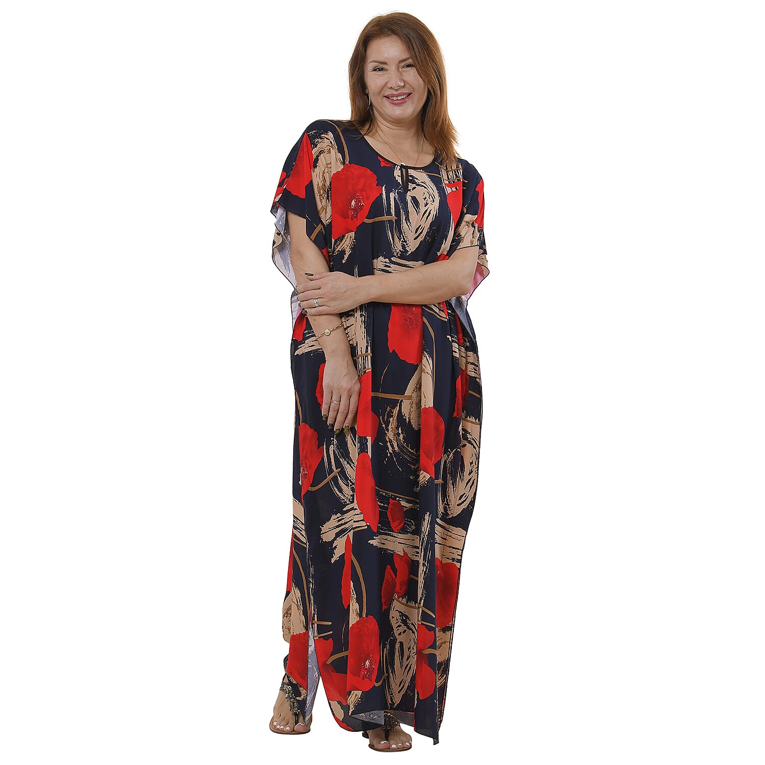 TAMSY 100% Viscose Floral Pattern Kaftan Dress (Size 138x77 Cm) - Dark Blue