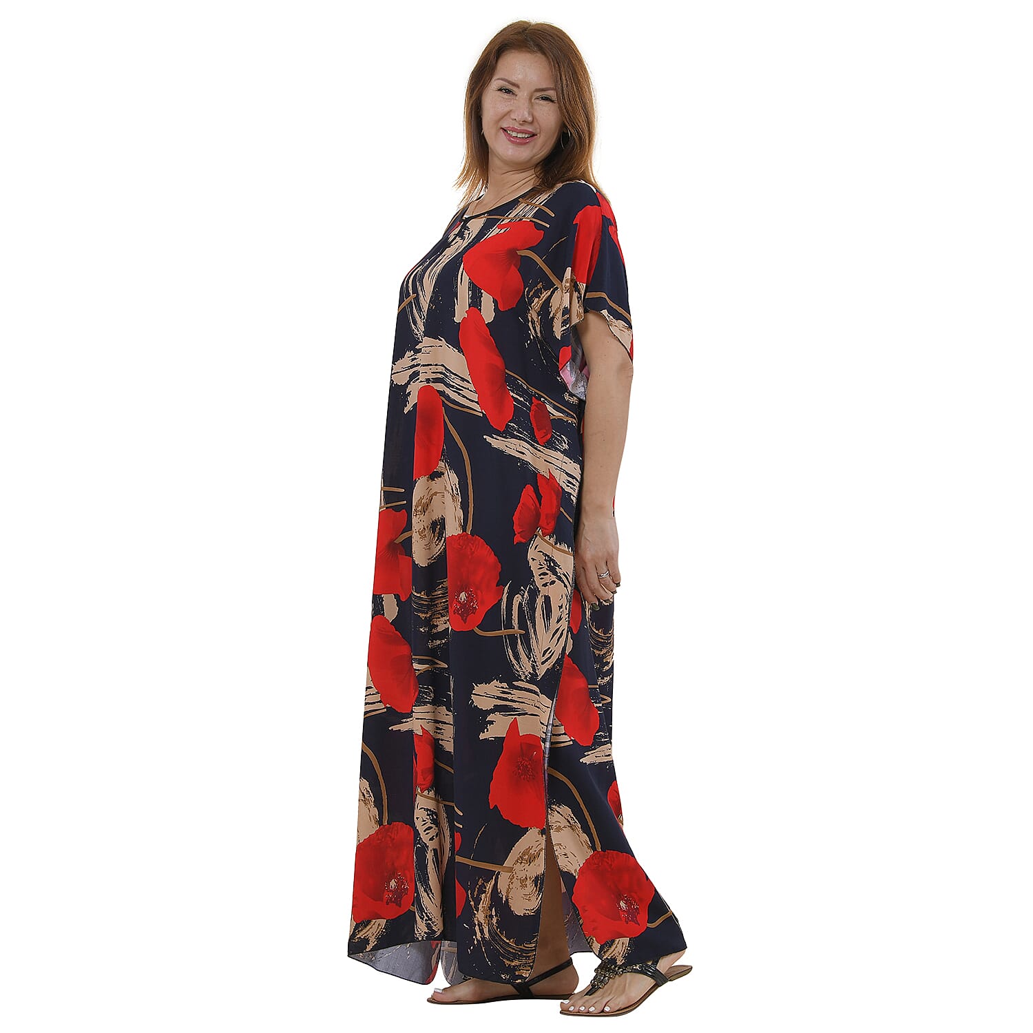 TAMSY 100% Viscose Floral Pattern Kaftan Dress (Size 138x77 Cm) - Dark Blue