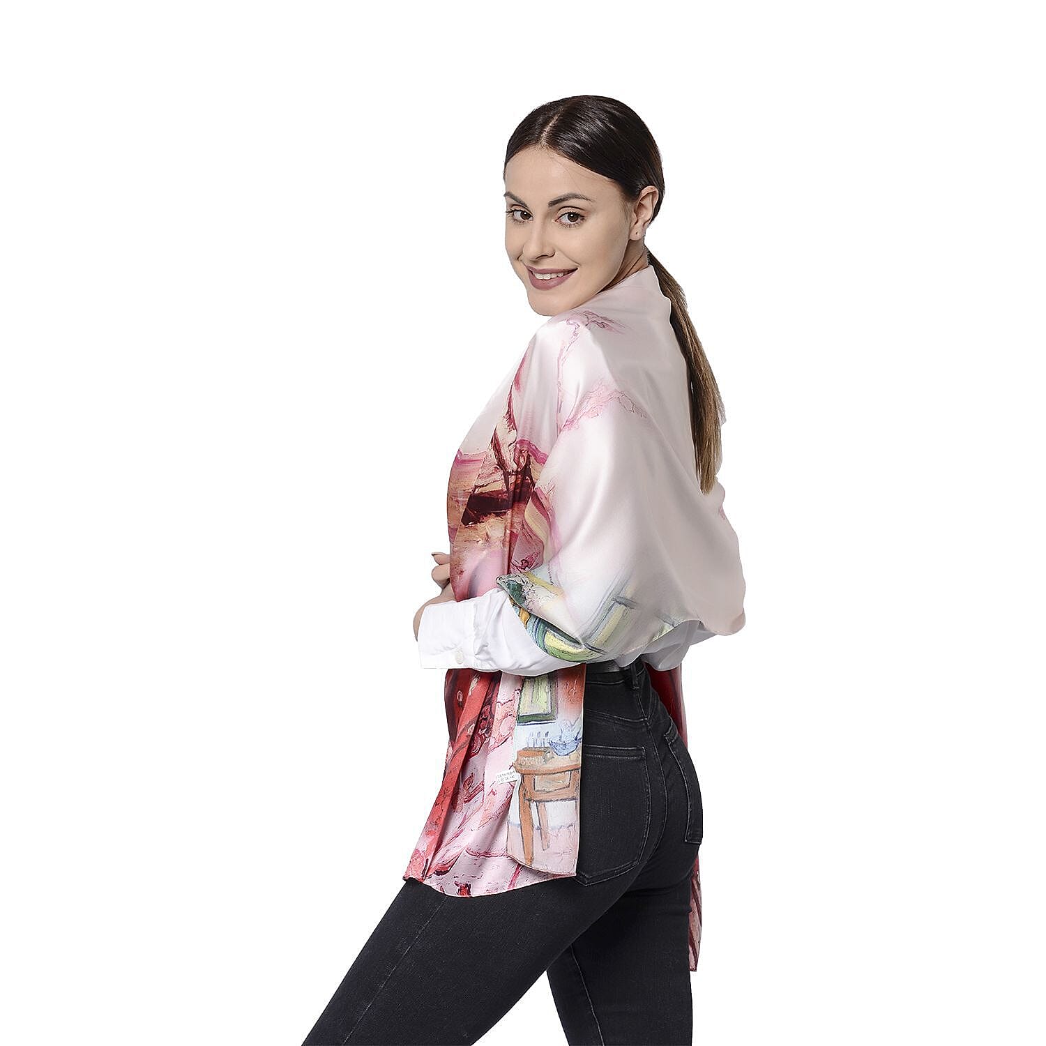 100% Mulberry Silk La Marey Floral Pattern Scarf (Size 175x52 cm) - Peach and Multi