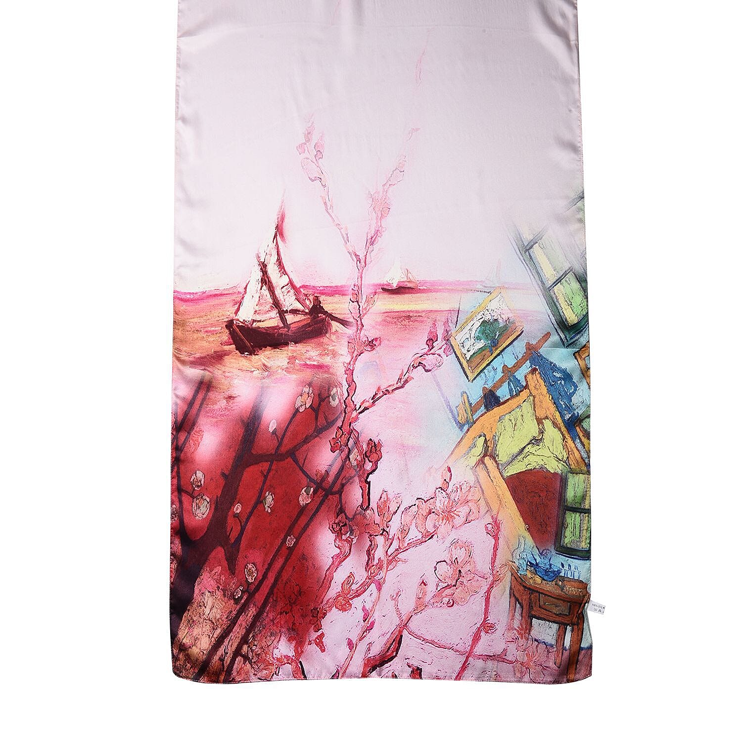 100% Mulberry Silk La Marey Floral Pattern Scarf (Size 175x52 cm) - Peach and Multi