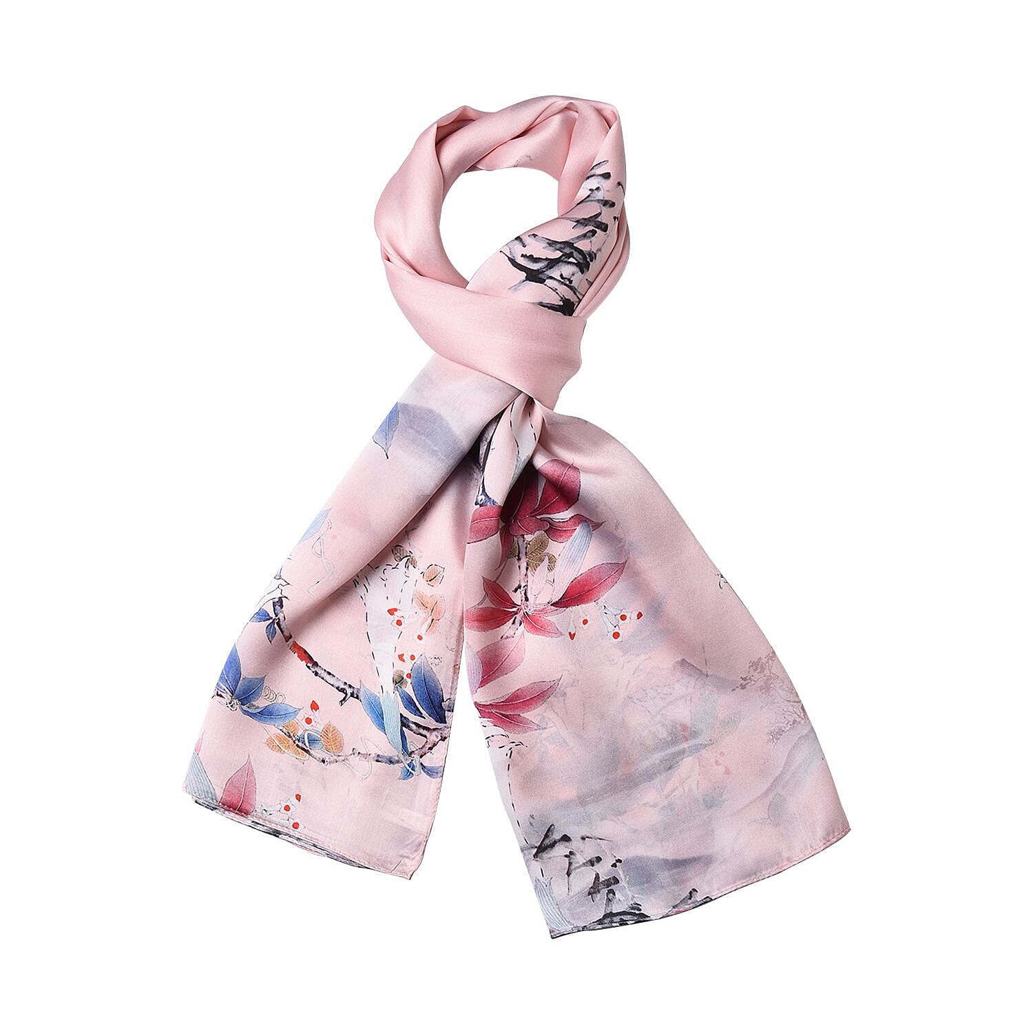 100% Mulberry Silk La Marey Floral Pattern Scarf (Size 175x52 cm) - Peach and Multi