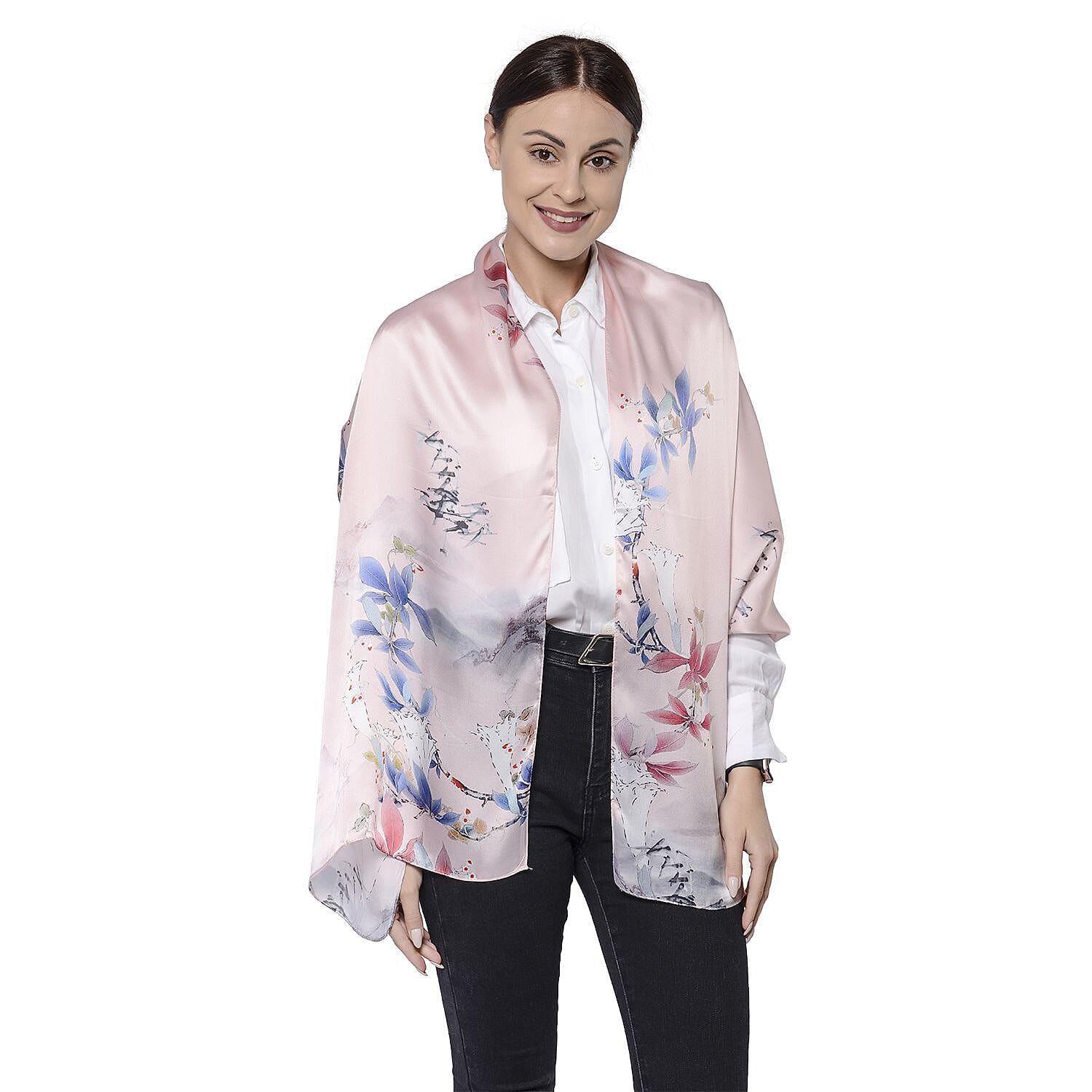 100% Mulberry Silk La Marey Floral Pattern Scarf (Size 175x52 cm) - Peach and Multi