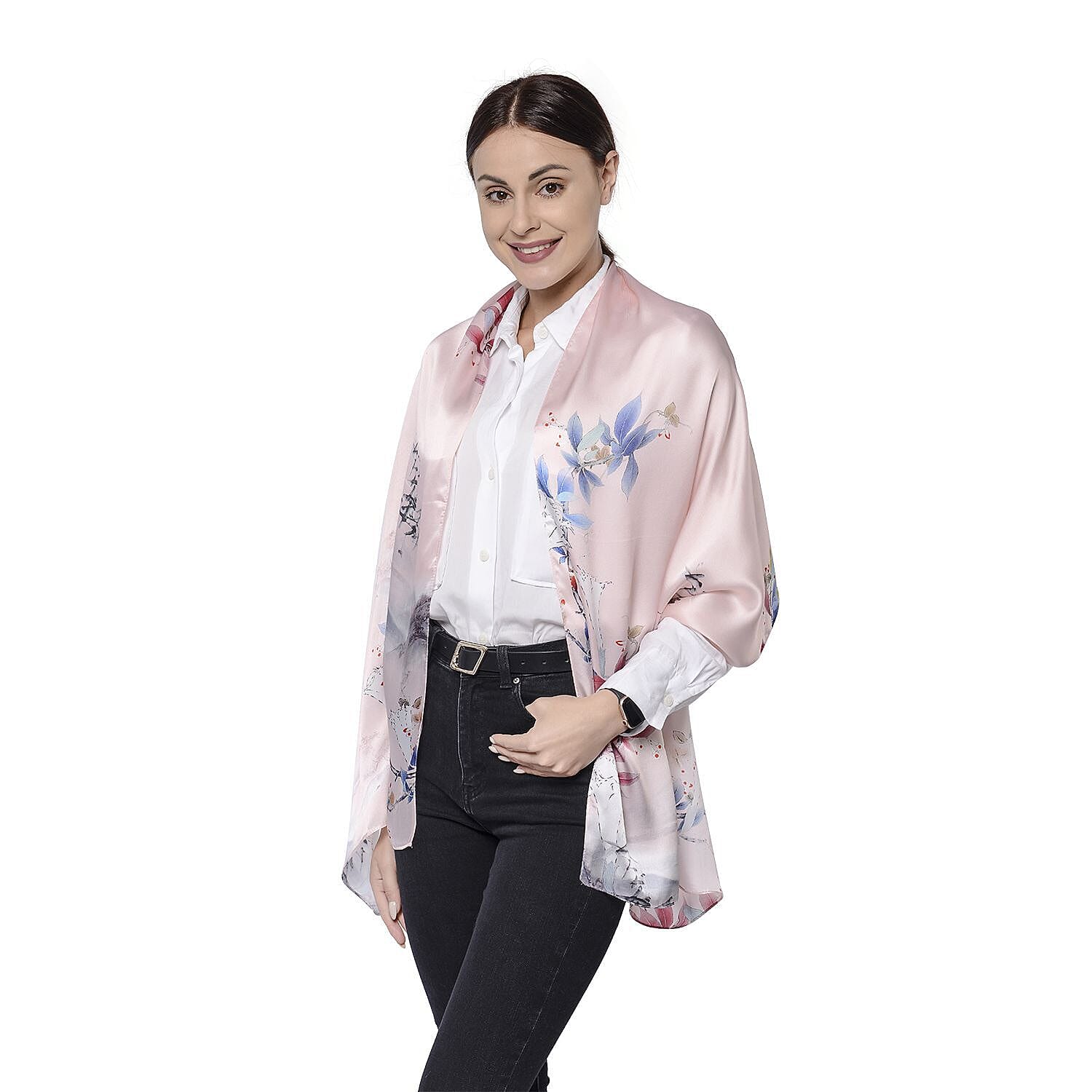 100% Mulberry Silk La Marey Floral Pattern Scarf (Size 175x52 cm) - Peach and Multi