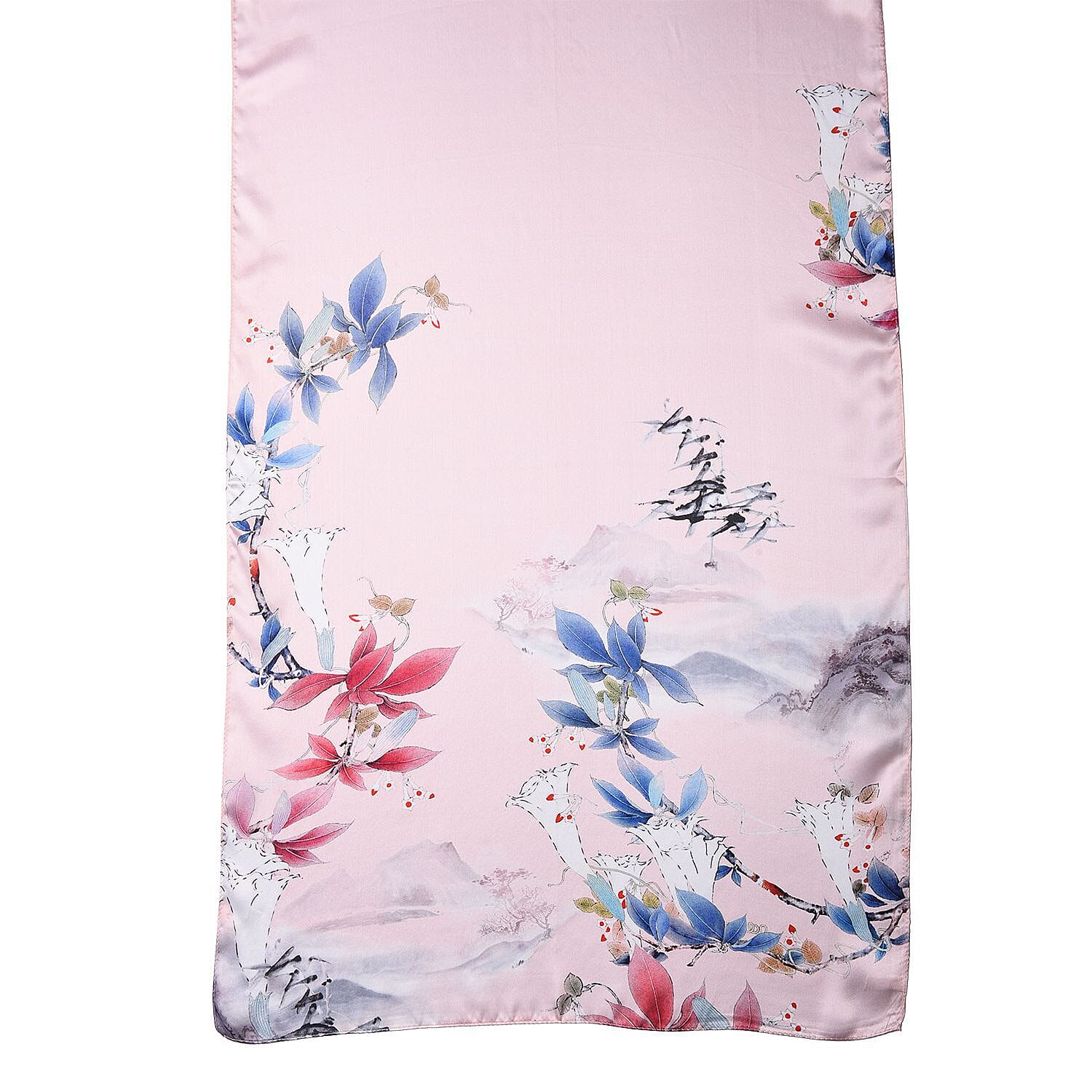 100% Mulberry Silk La Marey Floral Pattern Scarf (Size 175x52 cm) - Peach and Multi