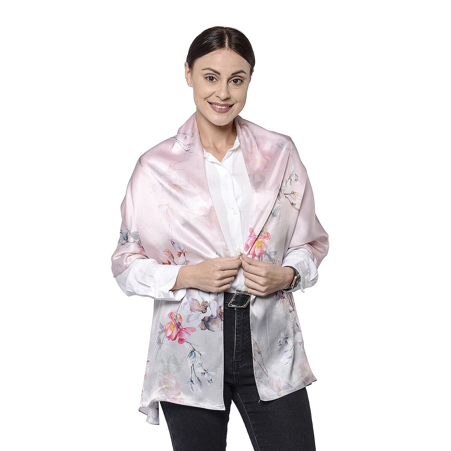 LA MAREY 100% Mulberry Silk Floral Pattern Scarf (Size 175x52 Cm) - Pink