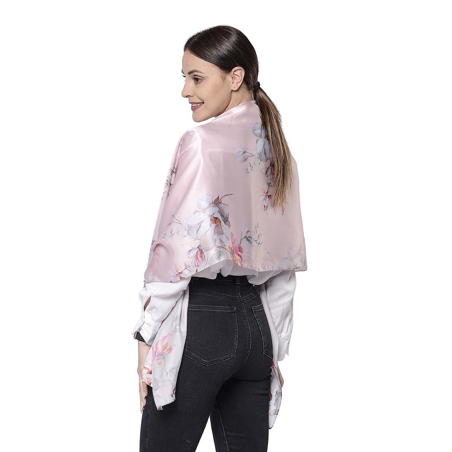 LA MAREY 100% Mulberry Silk Floral Pattern Scarf (Size 175x52 Cm) - Pink