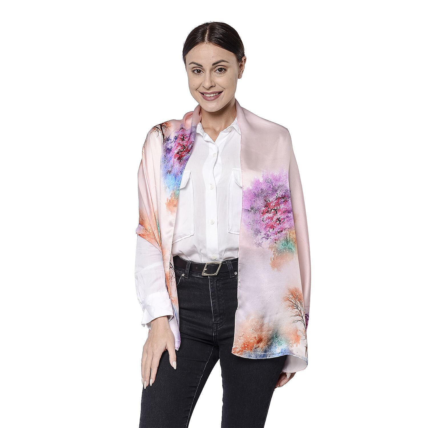 LA MAREY 100% Mulberry Silk Printed Scarf - Pink & Blue