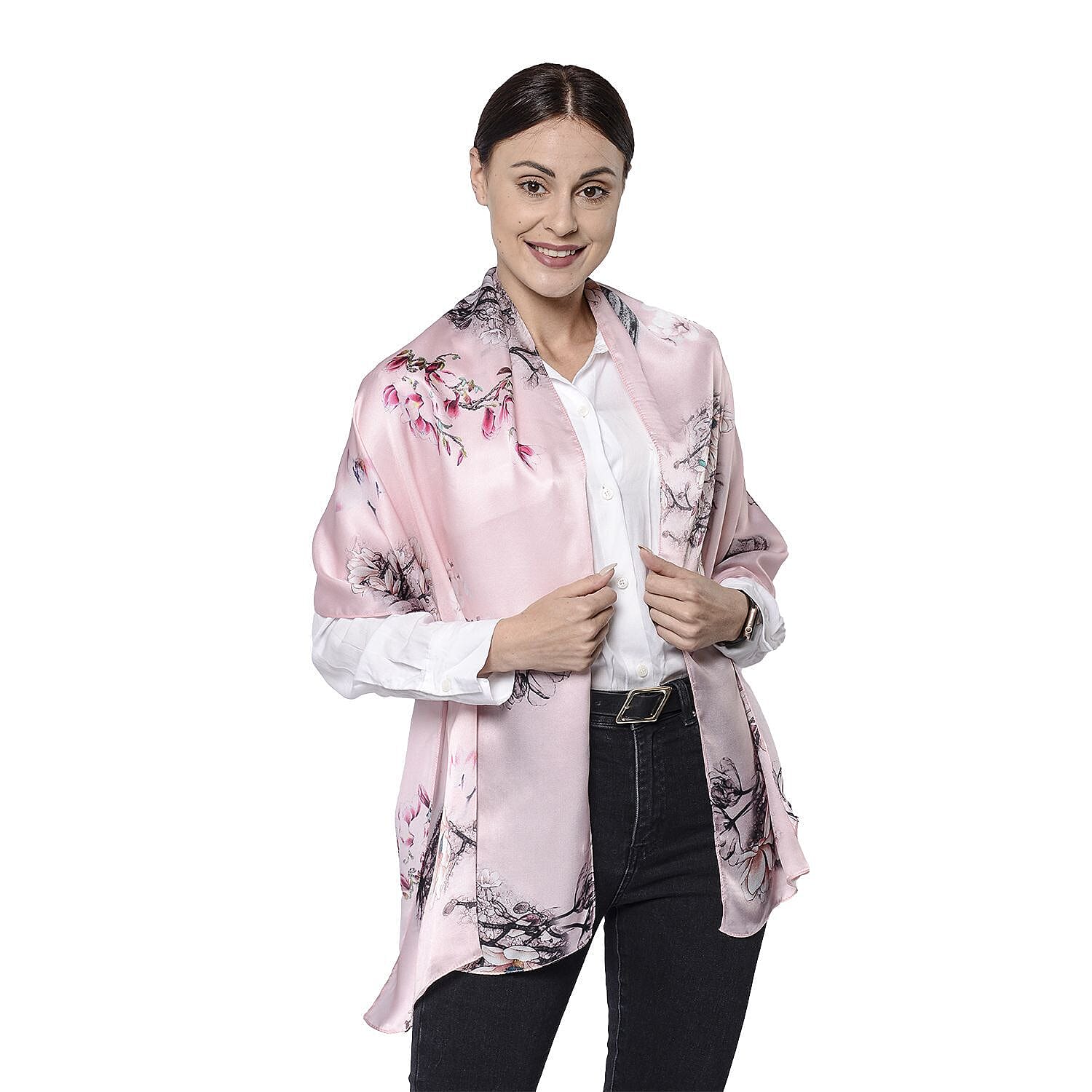 LA MAREY 100% Mulberry Silk Magnolia Denudata Pattern Scarf (Size 175x52 Cm) - Pink