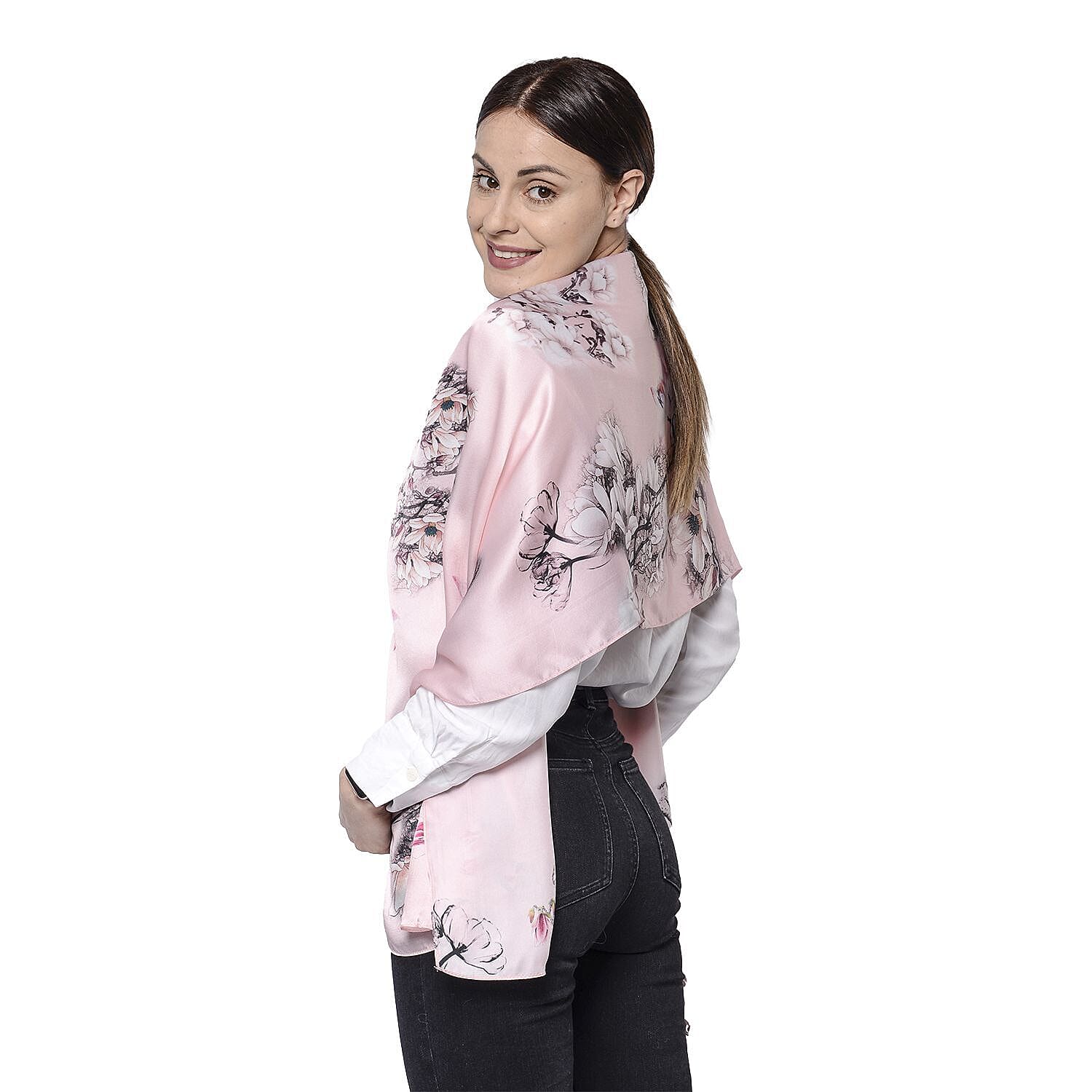 LA MAREY 100% Mulberry Silk Magnolia Denudata Pattern Scarf (Size 175x52 Cm) - Pink