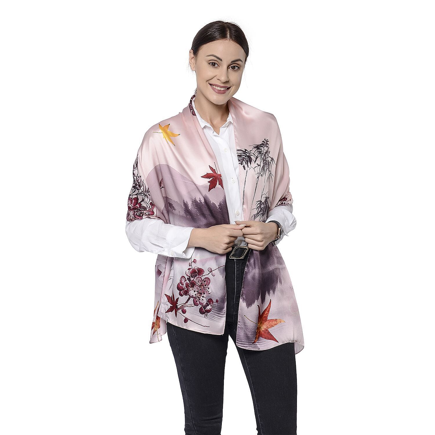 LA MAREY 100% Mulberry Silk Leaves Pattern Scarf (Size 175x52 Cm) - Light Pink