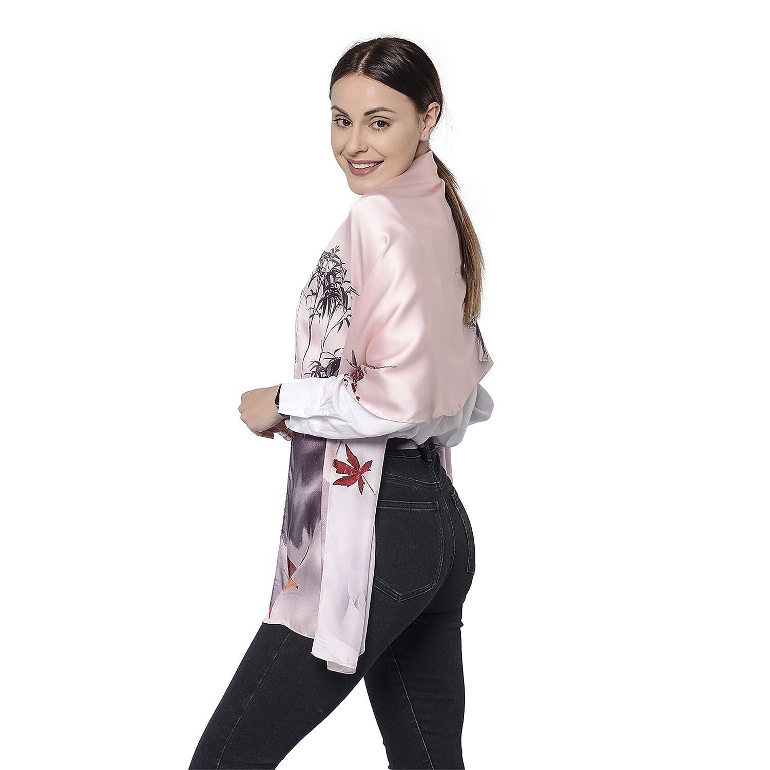 LA MAREY 100% Mulberry Silk Leaves Pattern Scarf (Size 175x52 Cm) - Light Pink