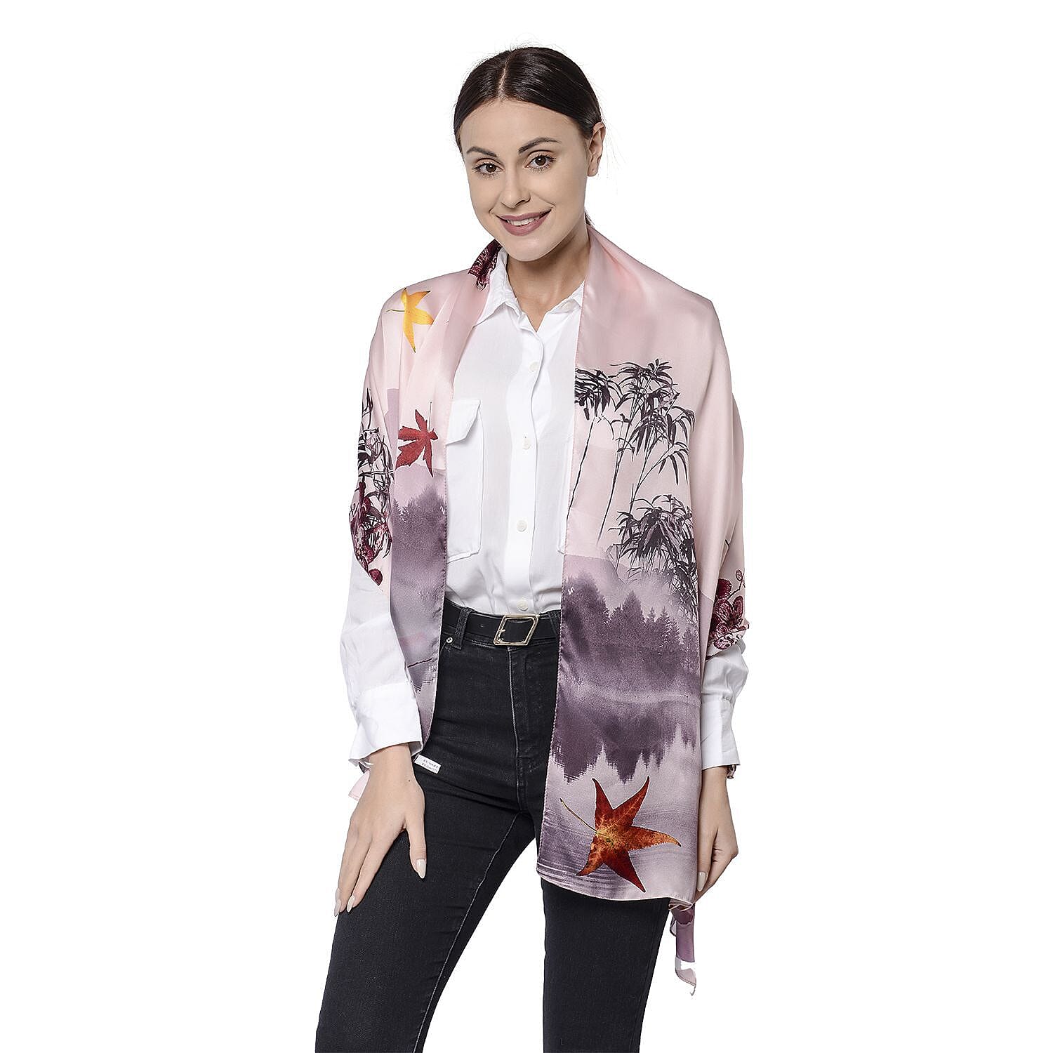 LA MAREY 100% Mulberry Silk Leaves Pattern Scarf (Size 175x52 Cm) - Light Pink