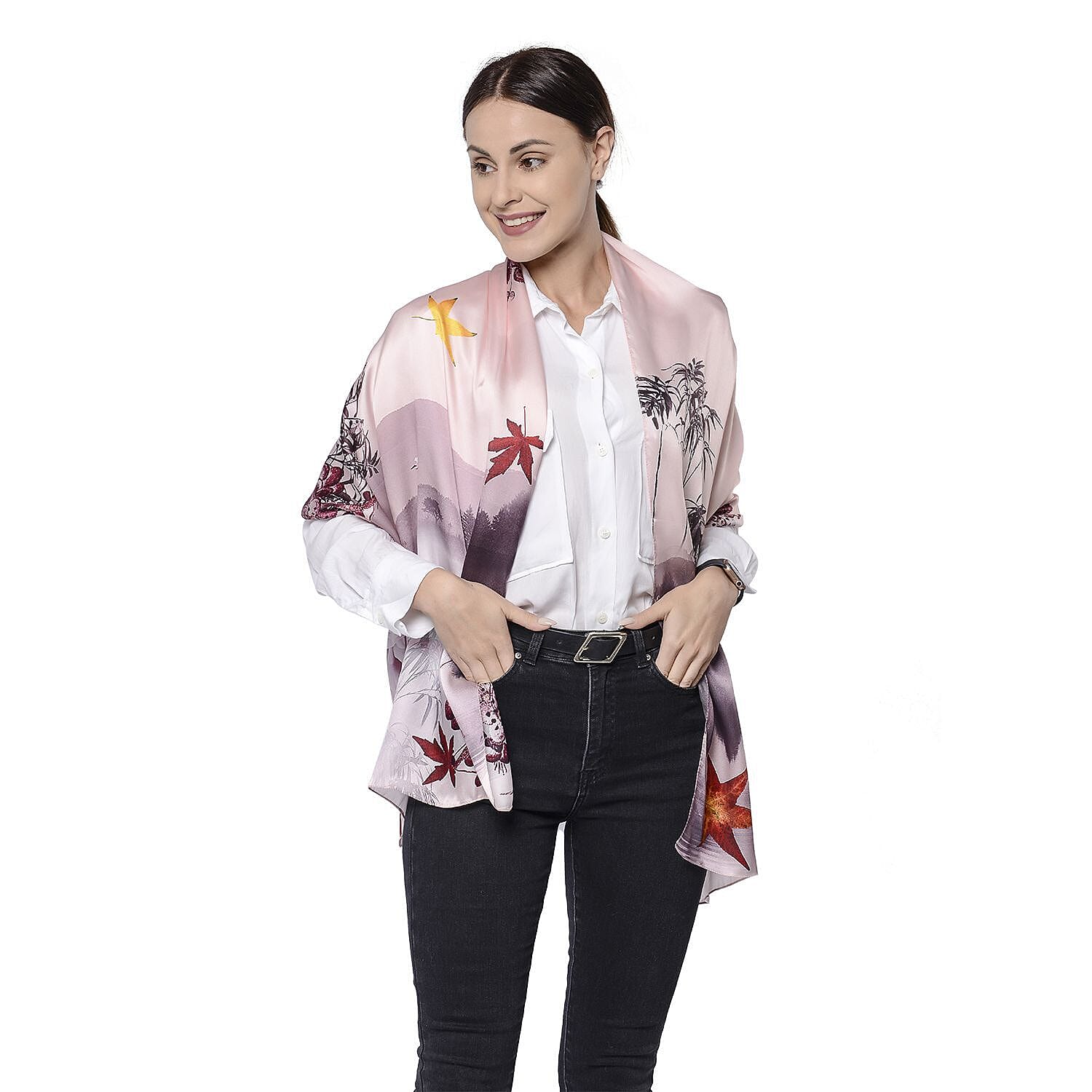 LA MAREY 100% Mulberry Silk Leaves Pattern Scarf (Size 175x52 Cm) - Light Pink