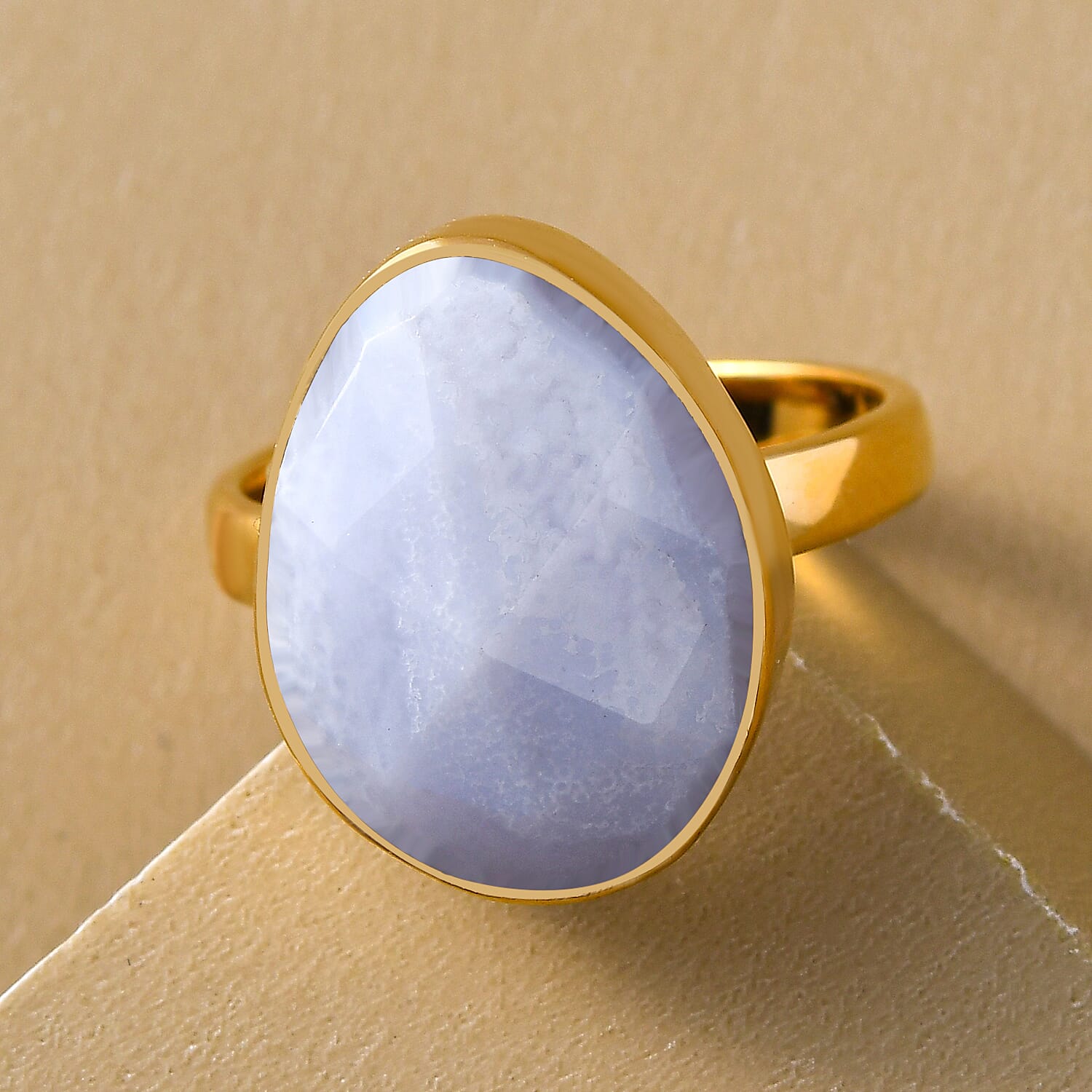 Blue Lace Agate Solitaire Ring in Vermeil Yellow Gold Overlay Sterling Silver 6.93 Ct.