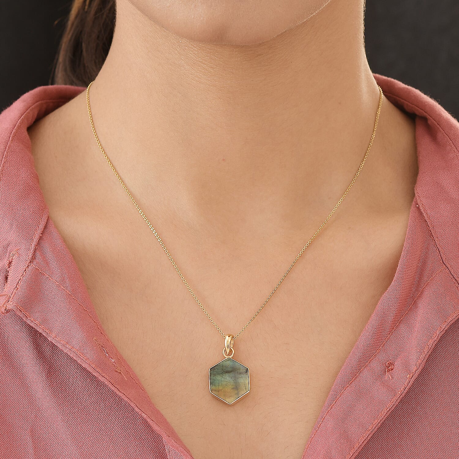 Labradorite Hexagon Pendant in 18K Vermeil Yellow Gold Overlay  Sterling Silver 8.80 Ct.