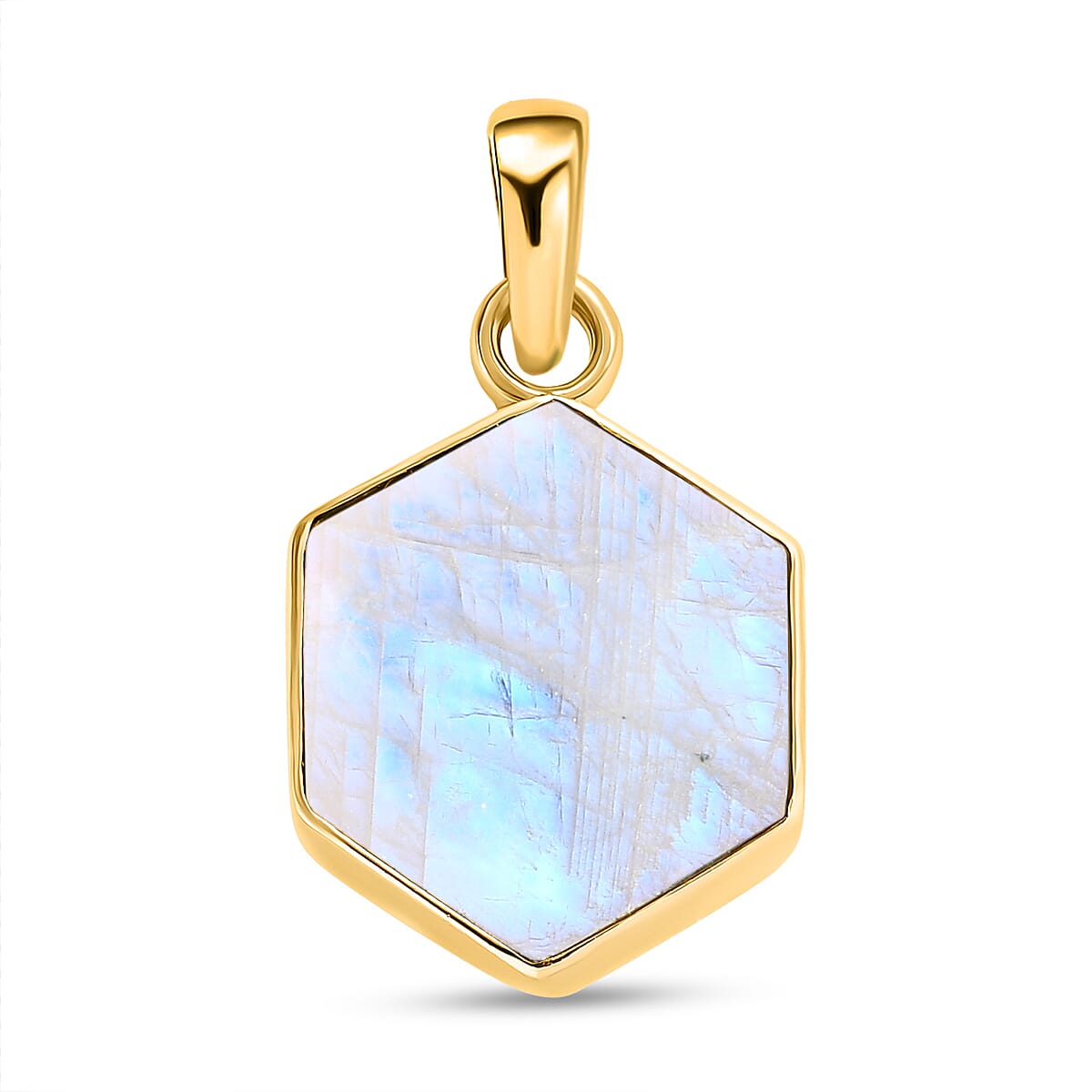 Rainbow Moonstone Hexagon Pendant in 18K Vermeil Yellow Gold Plated Sterling Silver 8.30 Ct.
