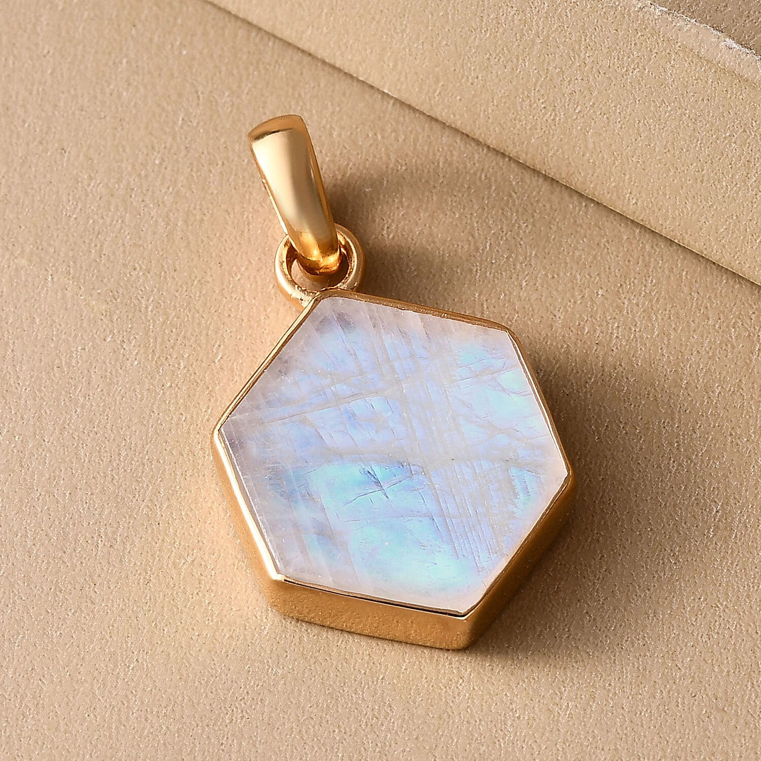 Rainbow Moonstone Hexagon Pendant in 18K Vermeil Yellow Gold Plated Sterling Silver 8.30 Ct.