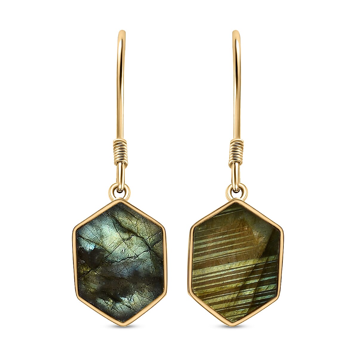 Labradorite Hexagon Earrings (with Hook) in 18K Vermeil Yellow Gold Overlay Sterling Silver 8.216 Ct.
