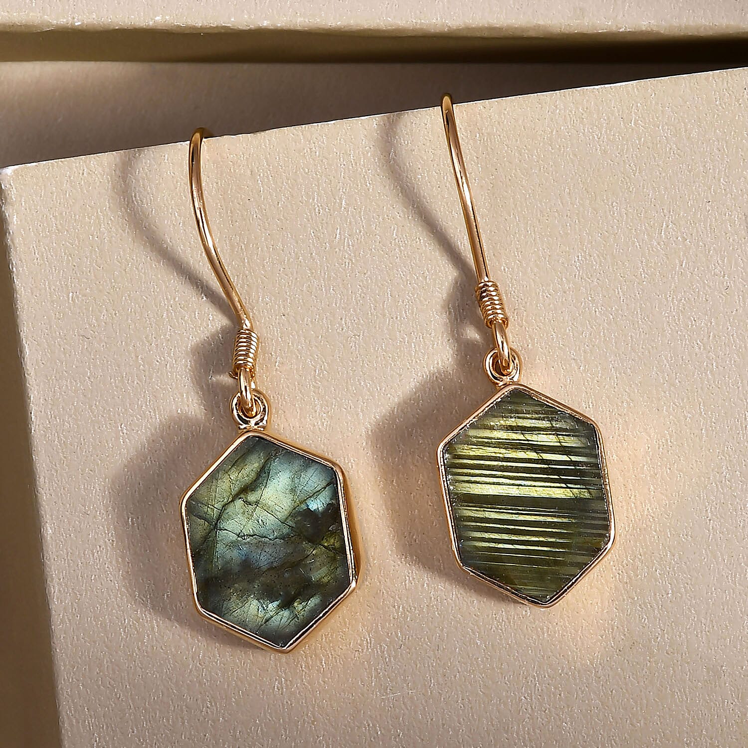 Labradorite Hexagon Earrings (with Hook) in 18K Vermeil Yellow Gold Overlay Sterling Silver 8.216 Ct.