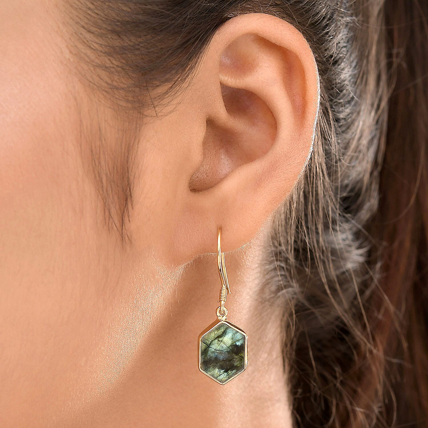 Labradorite Hexagon Earrings (with Hook) in 18K Vermeil Yellow Gold Overlay Sterling Silver 8.216 Ct.