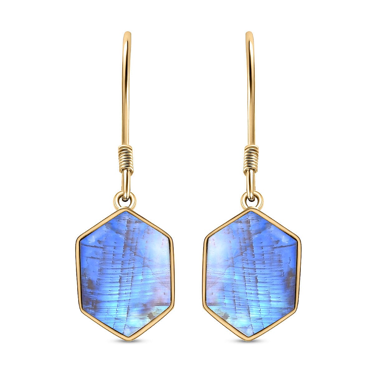 Rainbow Moonstone Hexagon Earrings (with Hook) in 18K Yellow Gold Vermeil Plated Sterling Silver 7.85 Ct.