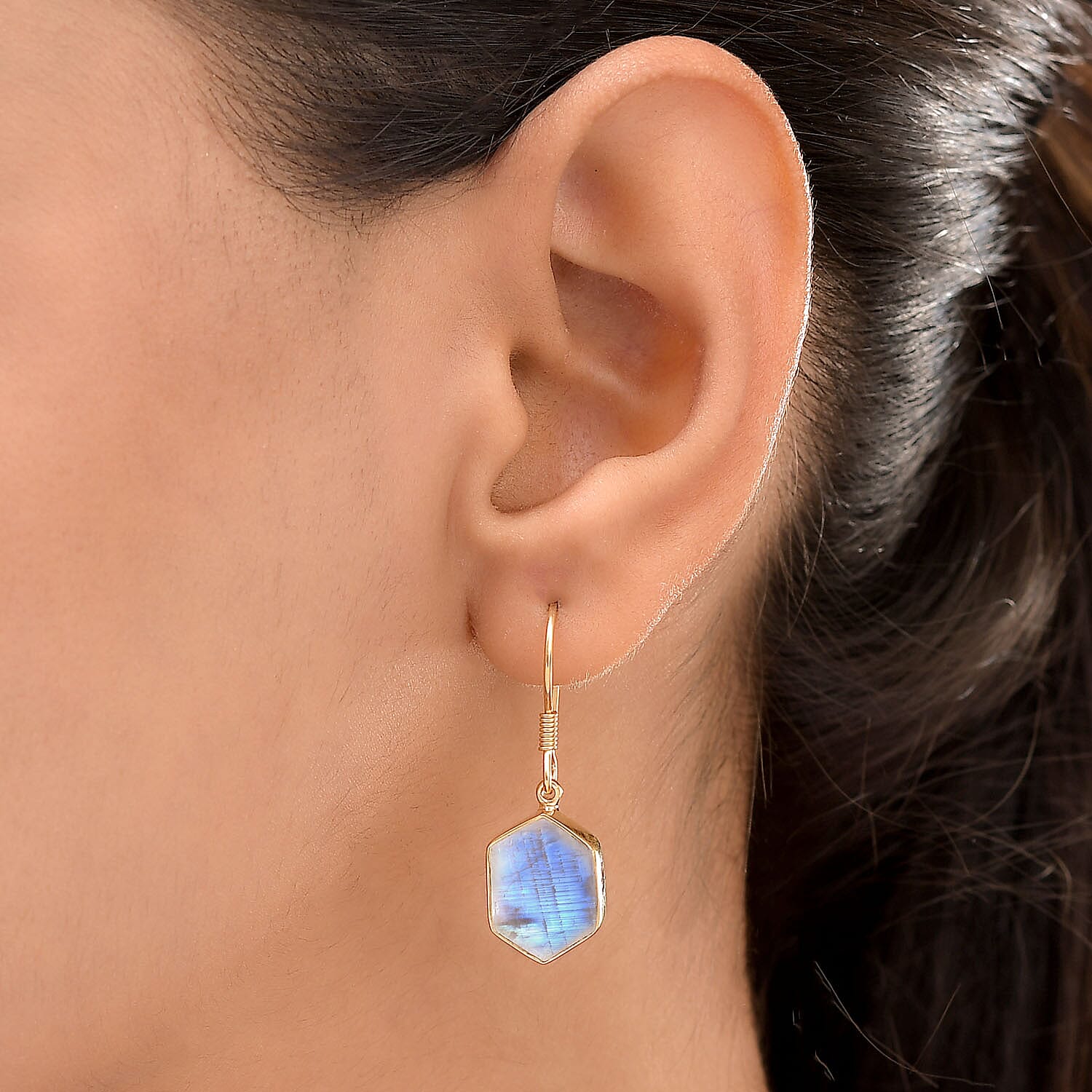 Rainbow Moonstone Hexagon Earrings (with Hook) in 18K Yellow Gold Vermeil Plated Sterling Silver 7.85 Ct.