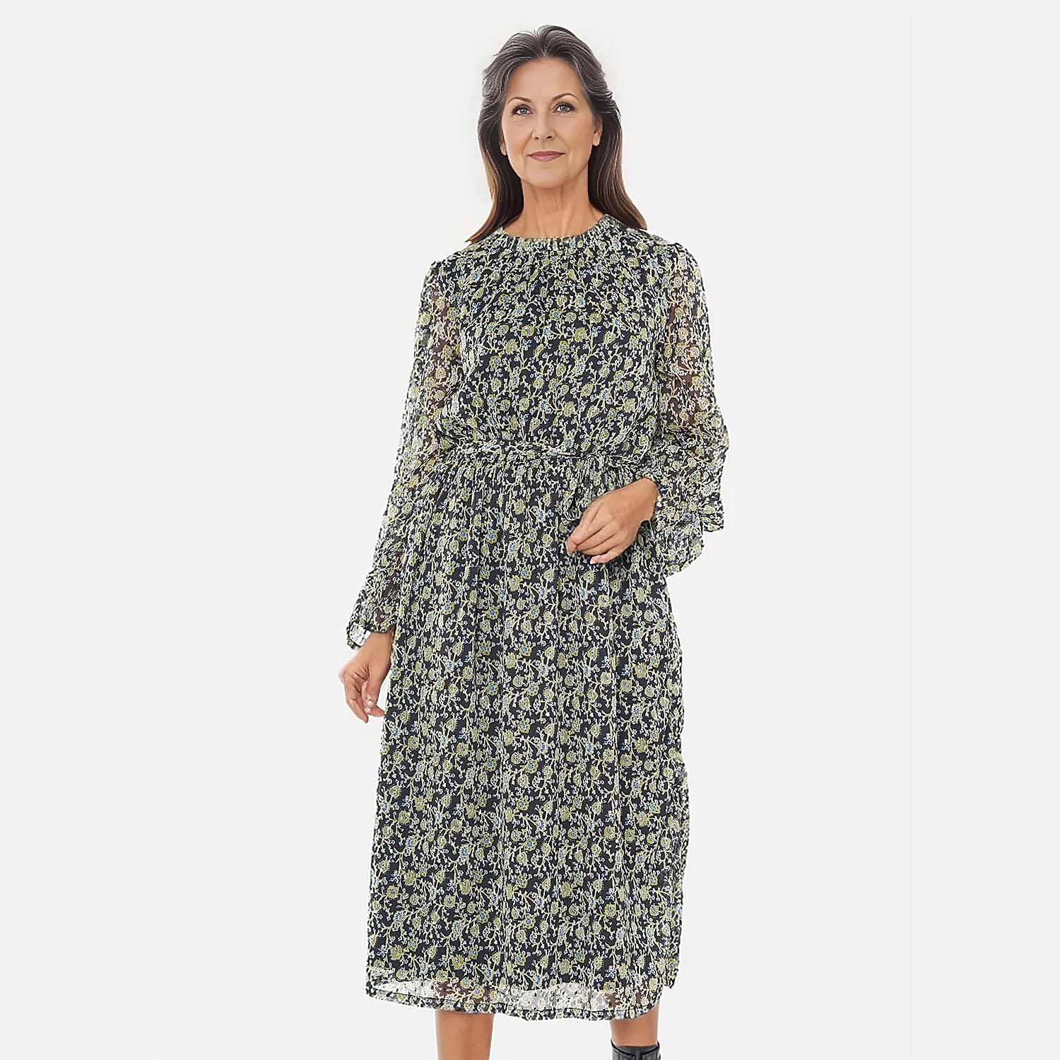 TAMSY Floral Pattern Dress (Size L,16-18) - Green & Black