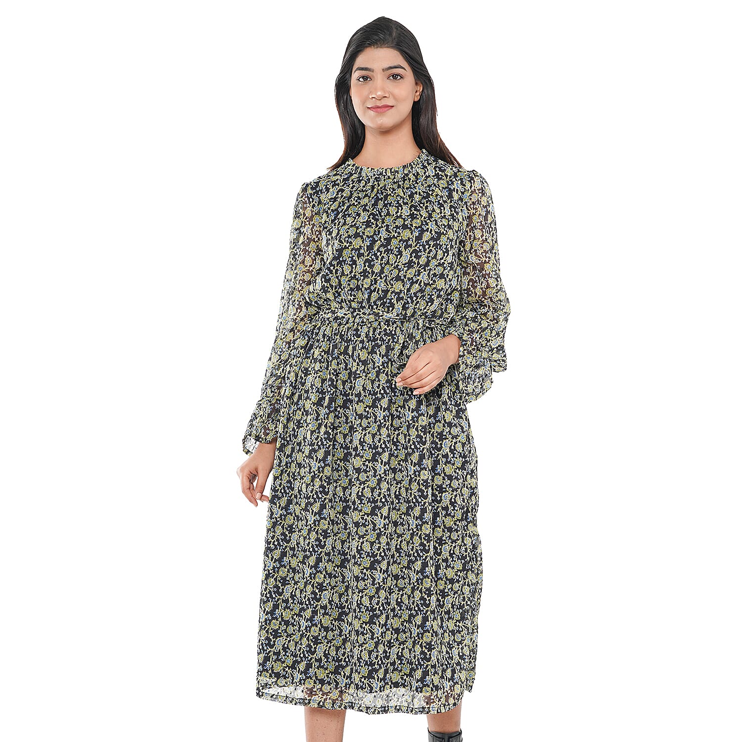 TAMSY Floral Pattern Dress (Size M, 12-14) - Green & Black