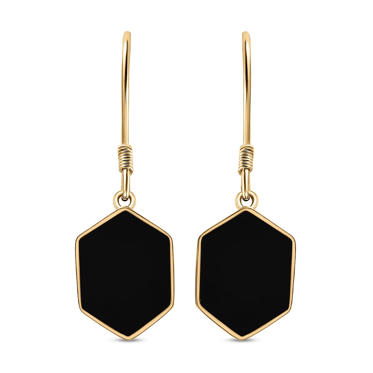Black Onyx Hexagon Earrings (With Hook) in 18K Yellow Gold Vermeil Plated Sterling Silver 7.89 Ct.