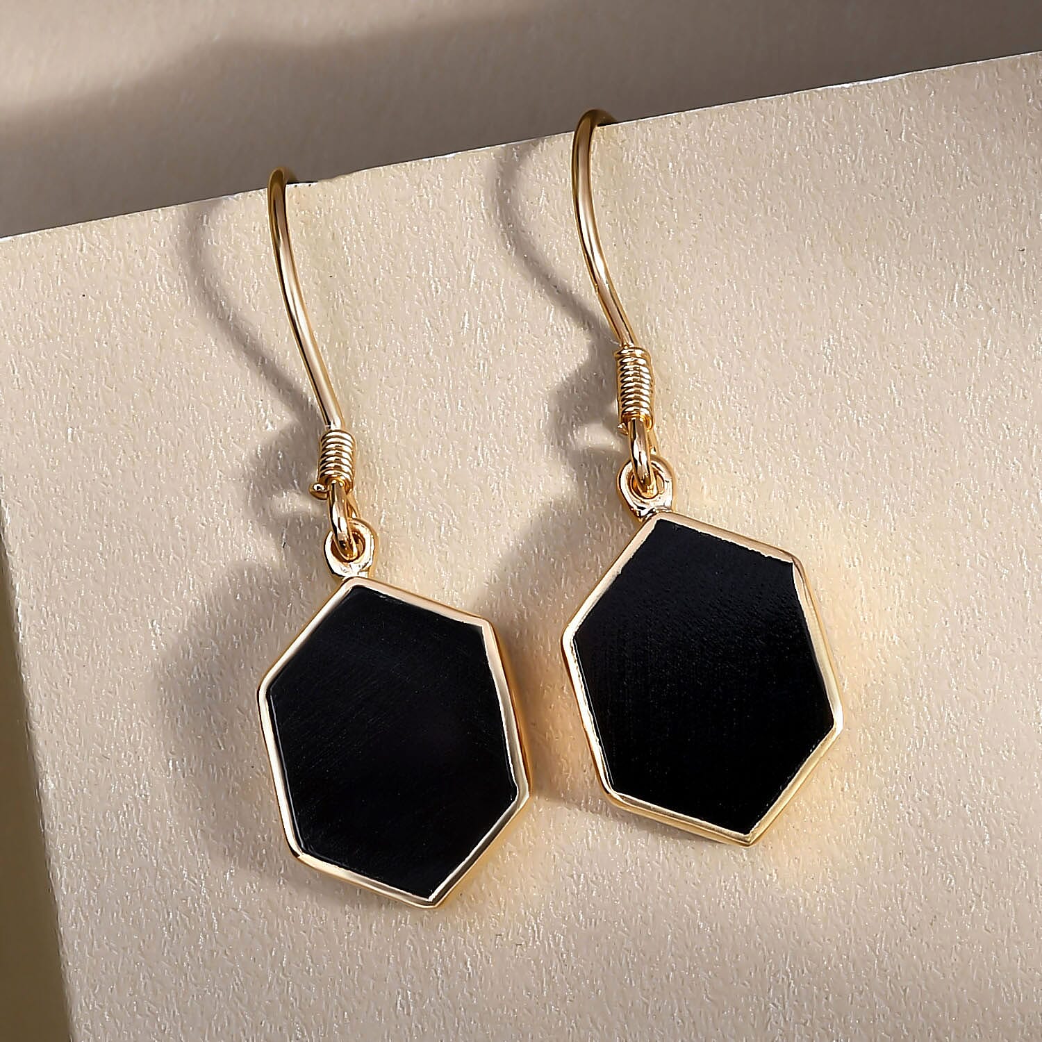 Black Onyx Hexagon Earrings (With Hook) in 18K Yellow Gold Vermeil Plated Sterling Silver 7.89 Ct.