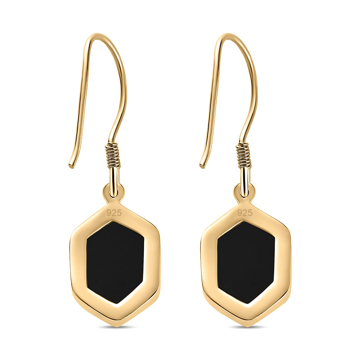Black Onyx Hexagon Earrings (With Hook) in 18K Yellow Gold Vermeil Plated Sterling Silver 7.89 Ct.